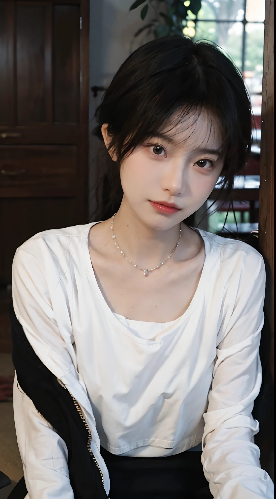 best qualtiy, 超高分辨率, (realisticlying:1.4),cute hairpin,1girll,,Cropped black sweater ,Full of atmosphere,Beautiful woman with a slim figure:1.4, Abs:1.1, 浴室,Ultra-fine face,Elaborate Eyes,二重まぶた,choker necklace