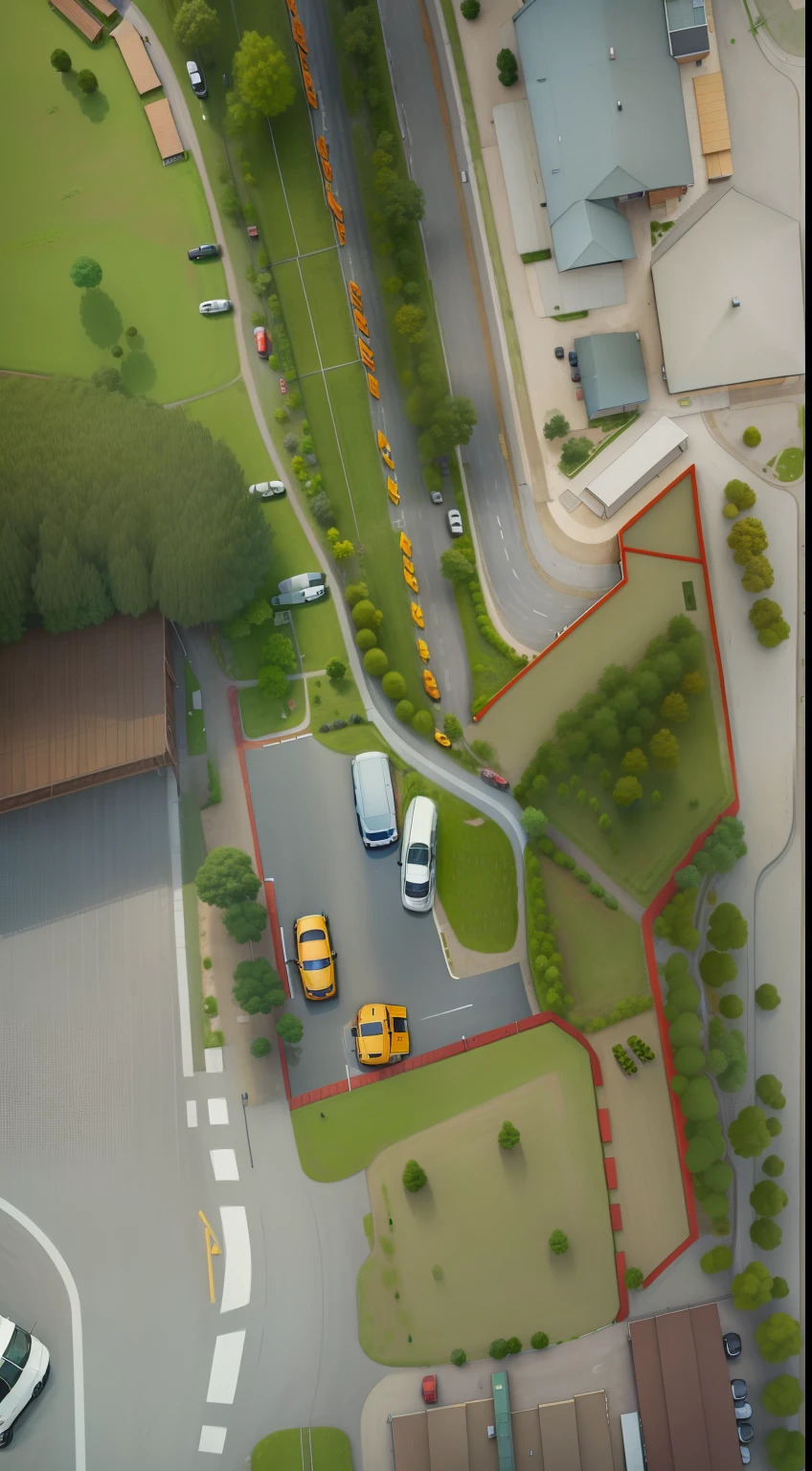 Small bird's-eye view，Between the parking lot and the road is the fort，Climb along the road，The surrounding area is residential and green，Looking out over to the fort from the parking lot，delicated，k hd，large scene