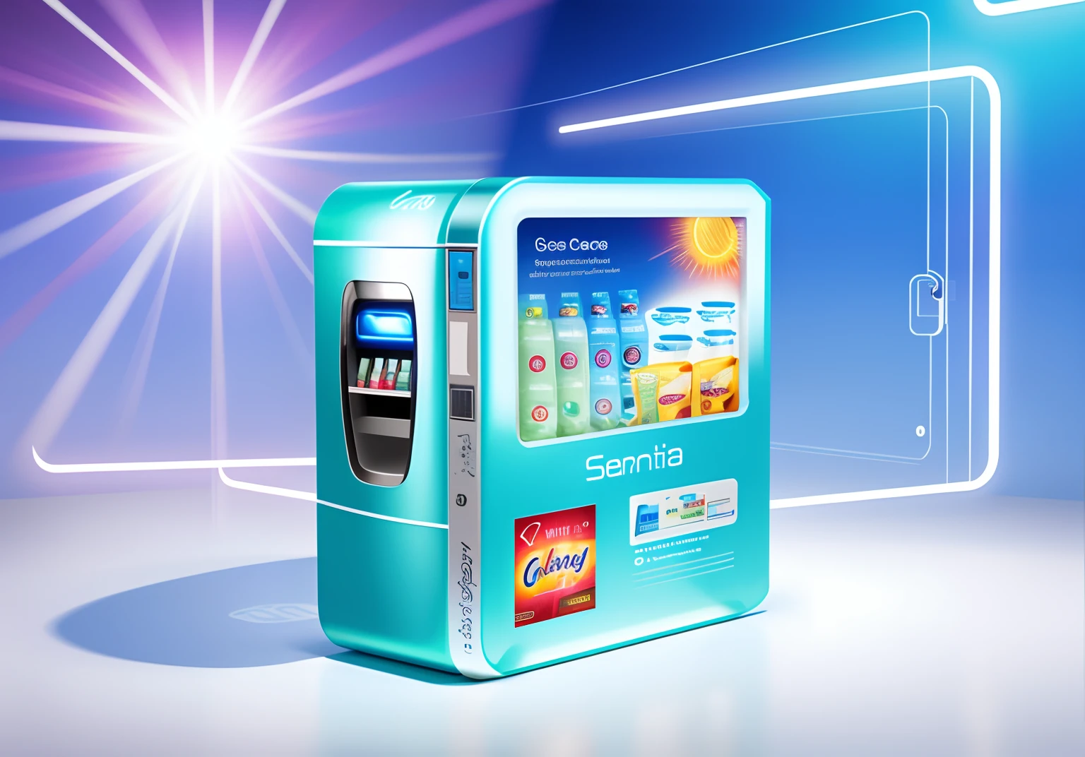 Close-up of contact lenses with display,For example,Elements of contact lenses,vending machines,sci-fi vending machine,3D product render,Some are more specific, Descriptive scenarios may appear on the computer,por exemplo, Someone went to a vending machine and bought a pair of contact lenses,Or describe the purchase of contact lenses,Some combinations of foil scene elements, Product rendering,Stylistic references attract attention,applied,Represents health,Safety,Elements with a strong visual sense,There are reasonable ones on the fuselage, For example, Someone goes,Buy contact lenses, etc,The overall color is mainly blue and white,Color distribution is 50 each%,Wish there were more elements,A little diversified,Fewer colors,No portraits