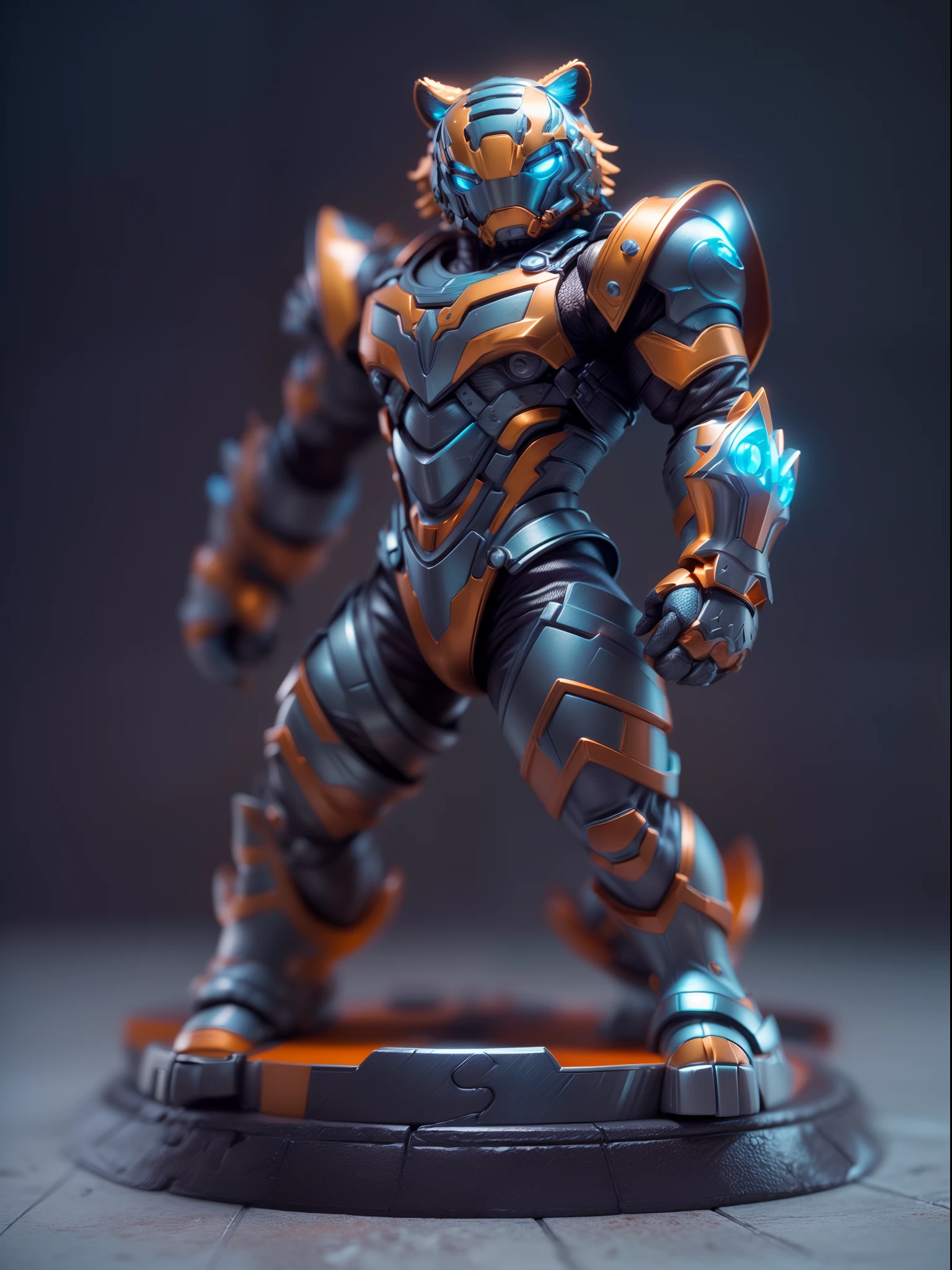(Blind box toy style:1.3),((Full body shot))(anthropomorphism) , (1 strong tiger metal warrior)(((solo))) metal armor,metal helmet,dreamy glow, Clean dark background,Red cyan style,(circular base)( Global illumination, Ray tracing, hdr, unreal render,reasonable design, high detail, Masterpiece, Best quality, hyper HD, Cinematic lighting)