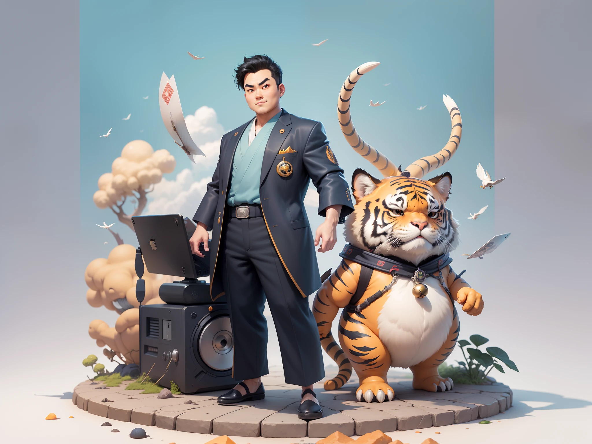 (Masterpiece), (Extreme Quality), (Super Meticulous), (Full Body: 1.2), Super Young Man, Chinese Dragon, Tiger, Wind God Thor, Sexy, Bursting, Oriental Face, TV Anchor, Bust Portrait Illustration, Black Formal Suit, Blue Tie, Slightly Chubby Face, Silver Glasses, Very Clean Face, No Beard on Chin, Black Super Short Hair, Black Eyes, Confident Smile, 3c Computer Sub-Products, iPad, iPhone, Digital Painting, 3D Character Design by Mark Claireden and Pixar and Hayao Miyazaki and Akira Toriyama, The illustration is a high-definition illustration in 4K resolution with very detailed facial features and cartoon-style visuals.
