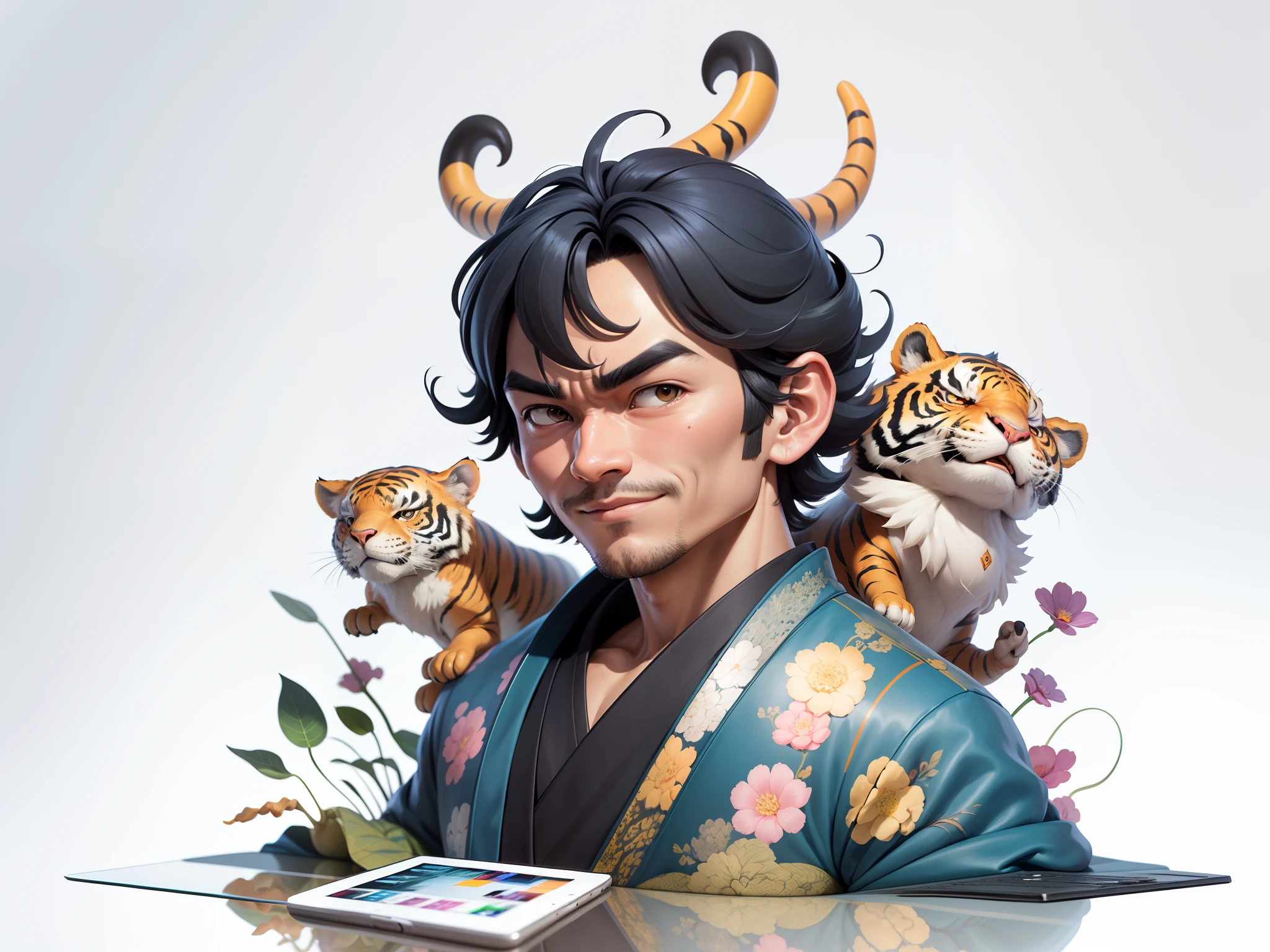 (Masterpiece), (Excellent), (Super Meticulous), (Full Body: 1.2), Super Young Man, Oriental Face, Japanese Kimono, Japanese Wind Thunder God, Dragon, Tiger, TV Anchor, Bust Portrait Illustration, Alone, Black Suit, Blue Tie, Slightly Chubby Face, Very Clean Face, No Beard, Black Super Short Hair, Black Eyes, Confident Smile, 3c Computer Sub-Products, iPad, iPhone, Digital Painting, 3D Character Design by Akira Toriyama and Mark Claireden and Pixar and Hayao Miyazaki, The illustration is a high-definition illustration in 4K resolution with very detailed facial features and cartoon-style visuals.