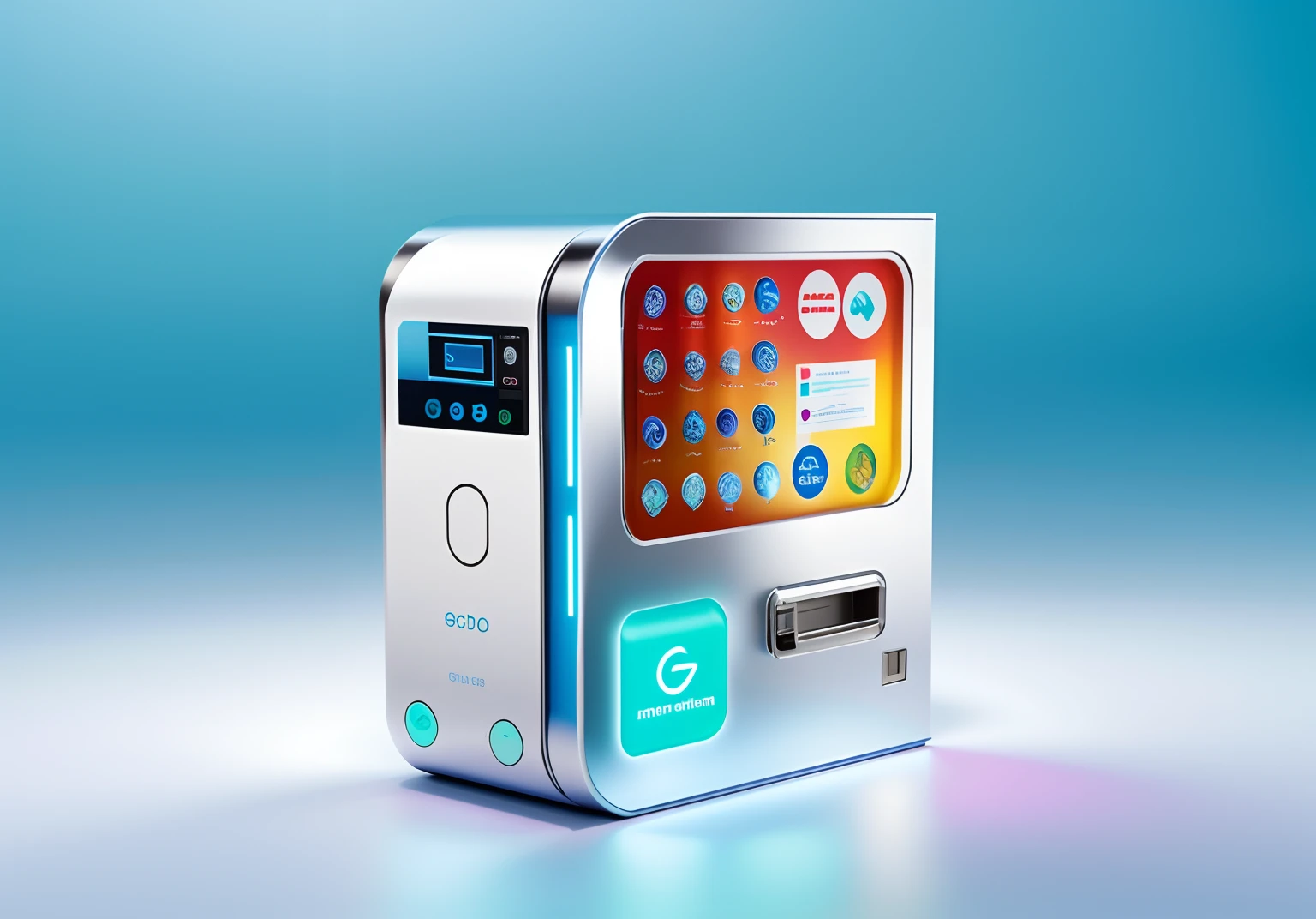 Close-up of contact lenses with display,For example,Elements of contact lenses,vending machines,sci-fi vending machine,3D product render,Some are more specific, Descriptive scenarios may appear on the computer,por exemplo, Someone went to a vending machine and bought a pair of contact lenses,Or describe the purchase of contact lenses,Some combinations of foil scene elements, Product rendering,Stylistic references attract attention,applied,Represents health,Safety,Elements with a strong visual sense,There are reasonable ones on the fuselage, For example, Someone goes,Buy contact lenses, etc,The overall color is mainly blue and white,Color distribution is 50 each%,Wish there were more elements,A little diversified,Fewer colors,No portraits