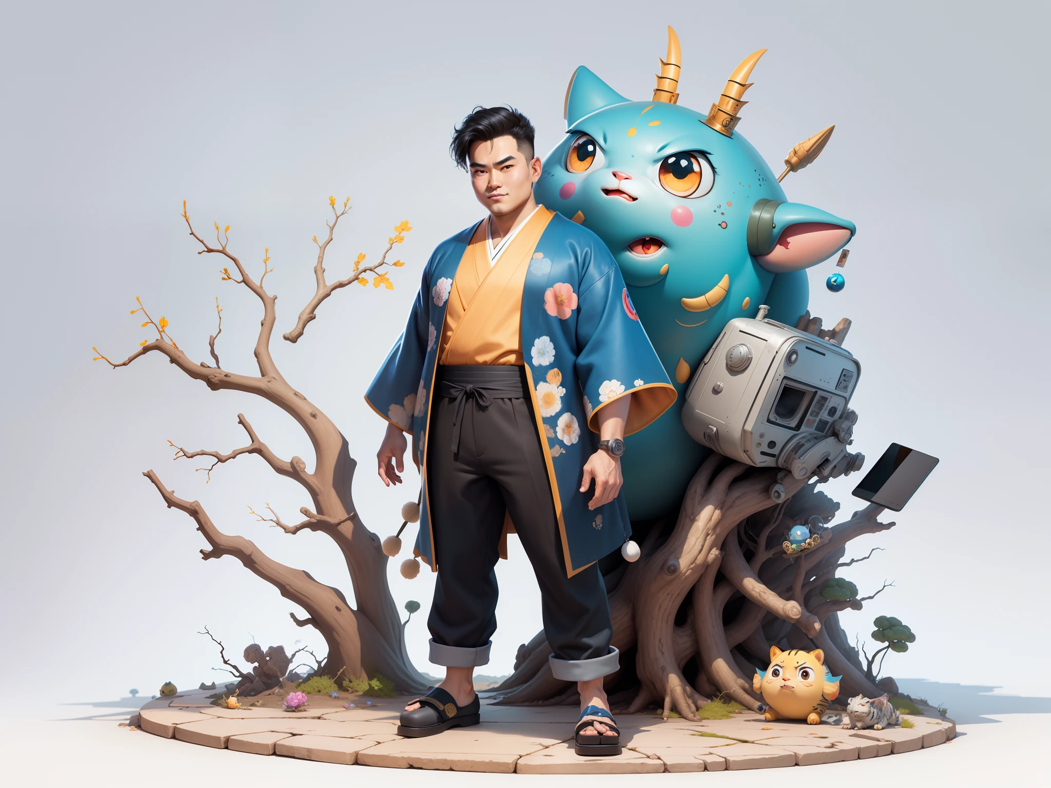 (Masterpiece), (Excellent), (Super Meticulous), (Full Body: 1.2), Super Young Man, Oriental Face, Japanese Kimono, Japanese Wind Thunder God, Dragon, Tiger, TV Anchor, Bust Portrait Illustration, Alone, Black Suit, Blue Tie, Slightly Chubby Face, Very Clean Face, No Beard, Black Super Short Hair, Black Eyes, Confident Smile, 3c Computer Sub-Products, iPad, iPhone, Digital Painting, 3D Character Design by Akira Toriyama and Mark Claireden and Pixar and Hayao Miyazaki, The illustration is a high-definition illustration in 4K resolution with very detailed facial features and cartoon-style visuals.