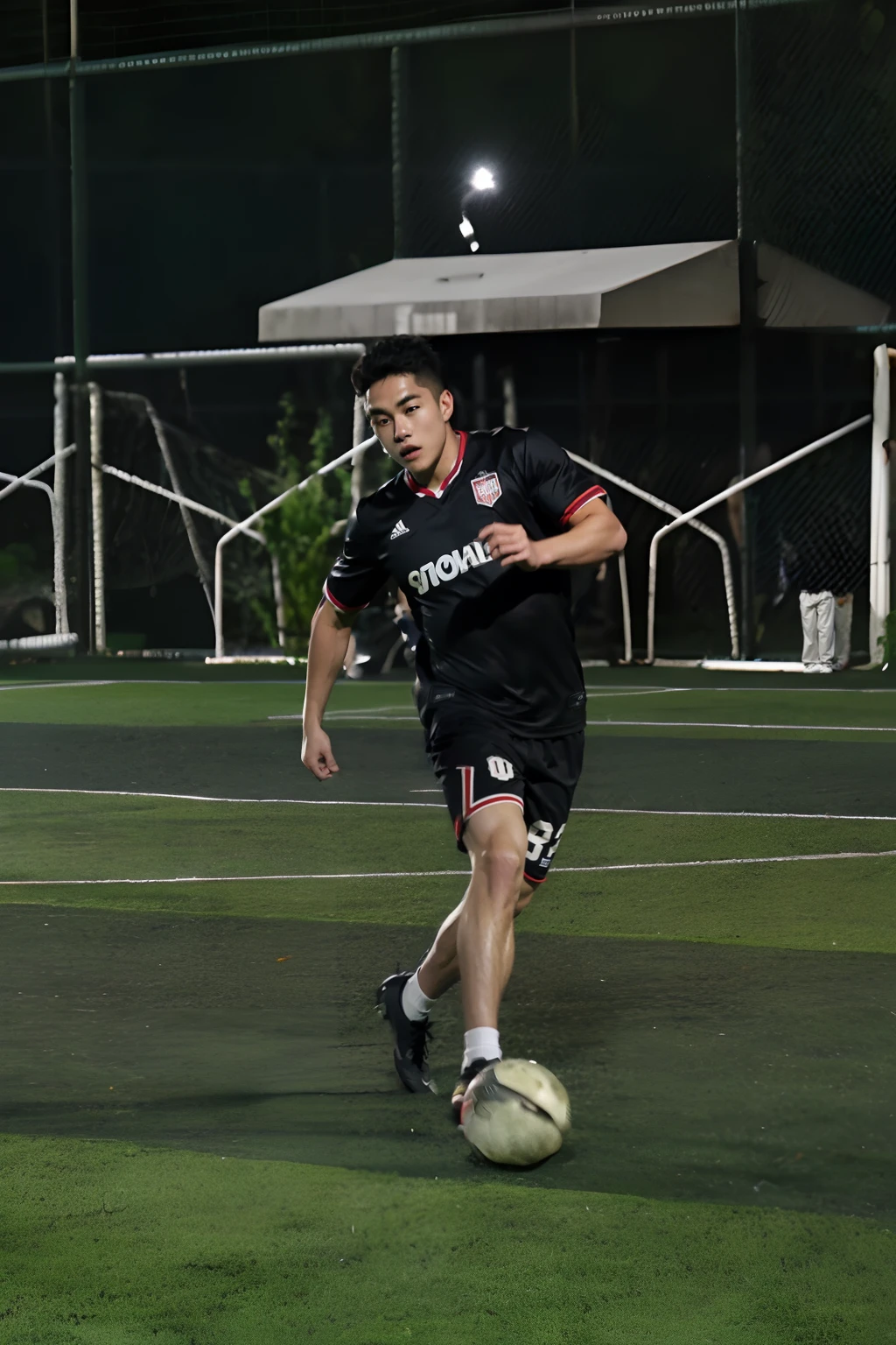 There are two men playing football on the pitch at night, taken with canon 8 0 d, dribbble, play soccer, action  shot, taken with canon eos 5 d, Shot on Canon EOS R 6, taken with a canon eos 5d, taken with a canon eos 5 d, taken with canon eos 5 d mark iv, on a football field