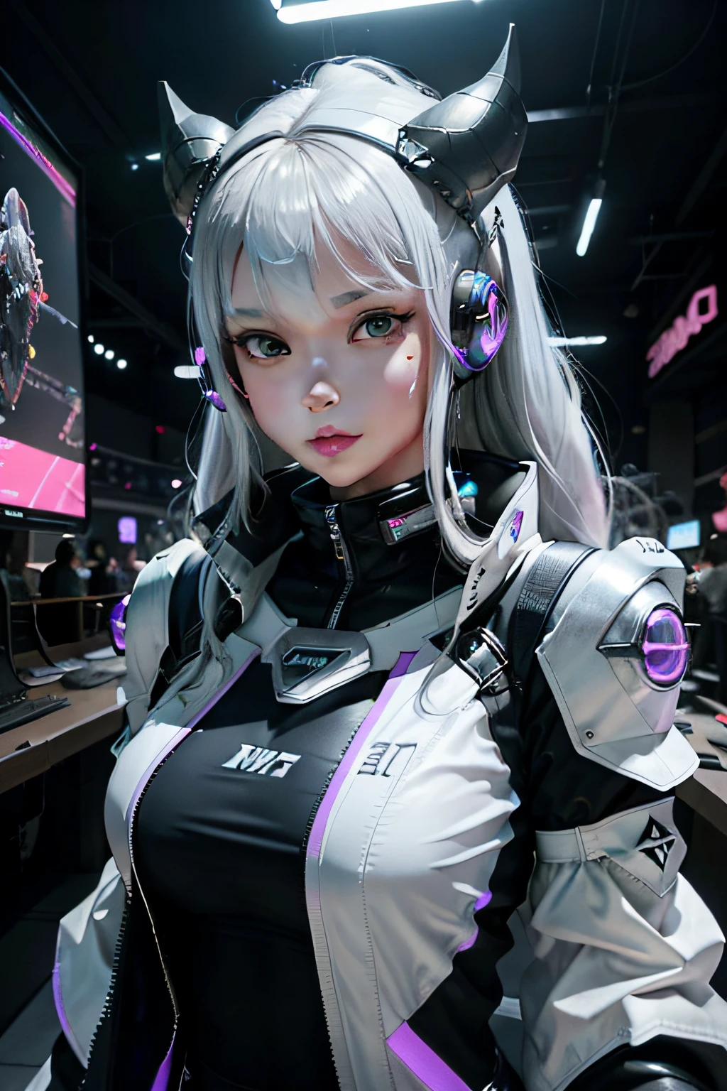 "cyber punk style，3D Screen，A beautiful female figure，Esports girls，There is a pair of horns on the head，Silvery-white hair，perfectly proportions，PBR textures、post-proces、Anisotropy Filtering、depth of fields、Highest clarity and clarity、Many-Layer Textures、Albedo e mapas Speculares、Surface coloring