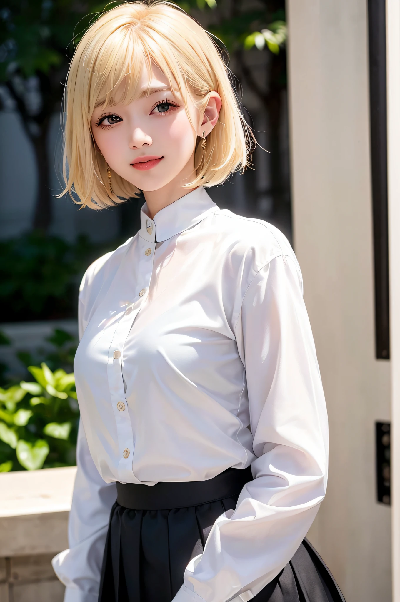 (8k、RAW Photos、Photorealsitic:1.25)、(lipgloss、eye lashes、Shiny face、shinny skin、best qualtiy、超A high resolution、depth of fields、chromatic abberation、Caustics、Wide range of lighting、Natural shading、Kpop Idle) The viewer looks calm and goddess-like with a sense of happiness、(1 pretty girl、Lori、18year old、college aged、a blond)、(((Short Bob Hair、Bangs)))、(a smile)、((Fashionable、white  shirt、long-sleeve、a black skirt))、((((full bodyesbian)))