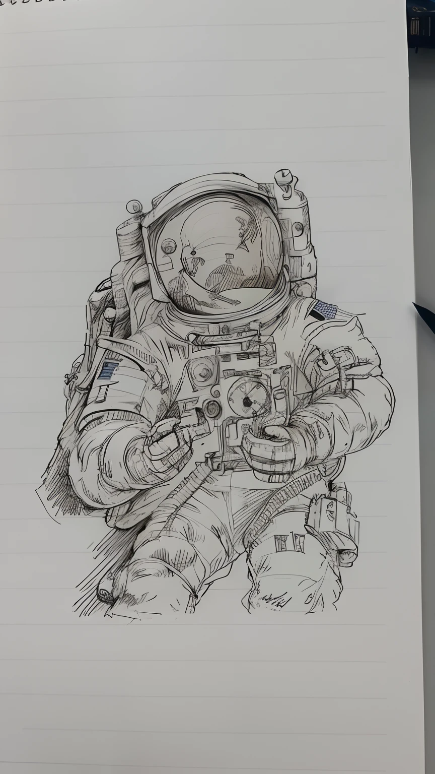Someone is drawing a drawing of a man holding a clock, Inspired by Alan Bean's detailed drawings, Tumblr, Space art, detailed astronaut, explorer sketch, Astronaut, Pen sketch, creepy astronaut, portrait of astronaut, Ultra-detailed pen sketches, pen on paper, ink pen sketch, lonely astronaut, cosmonaut, highly detailed sketch, detailed sketch, ink mark