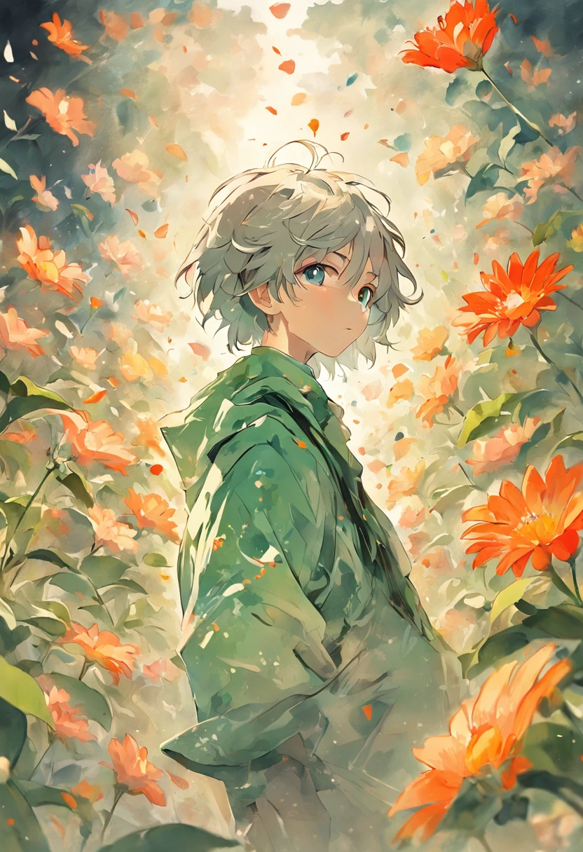Blooming flowers flutter in the wind，The boy in the flower，Light green and silver design，Pay attention to the texture of the skin and flowers，Sony FE 12-24mm F/2.8 gm，Impressionist garden，Proficient in calligraphy，eco-friendly craftsmanship，Brush stroke exploration
