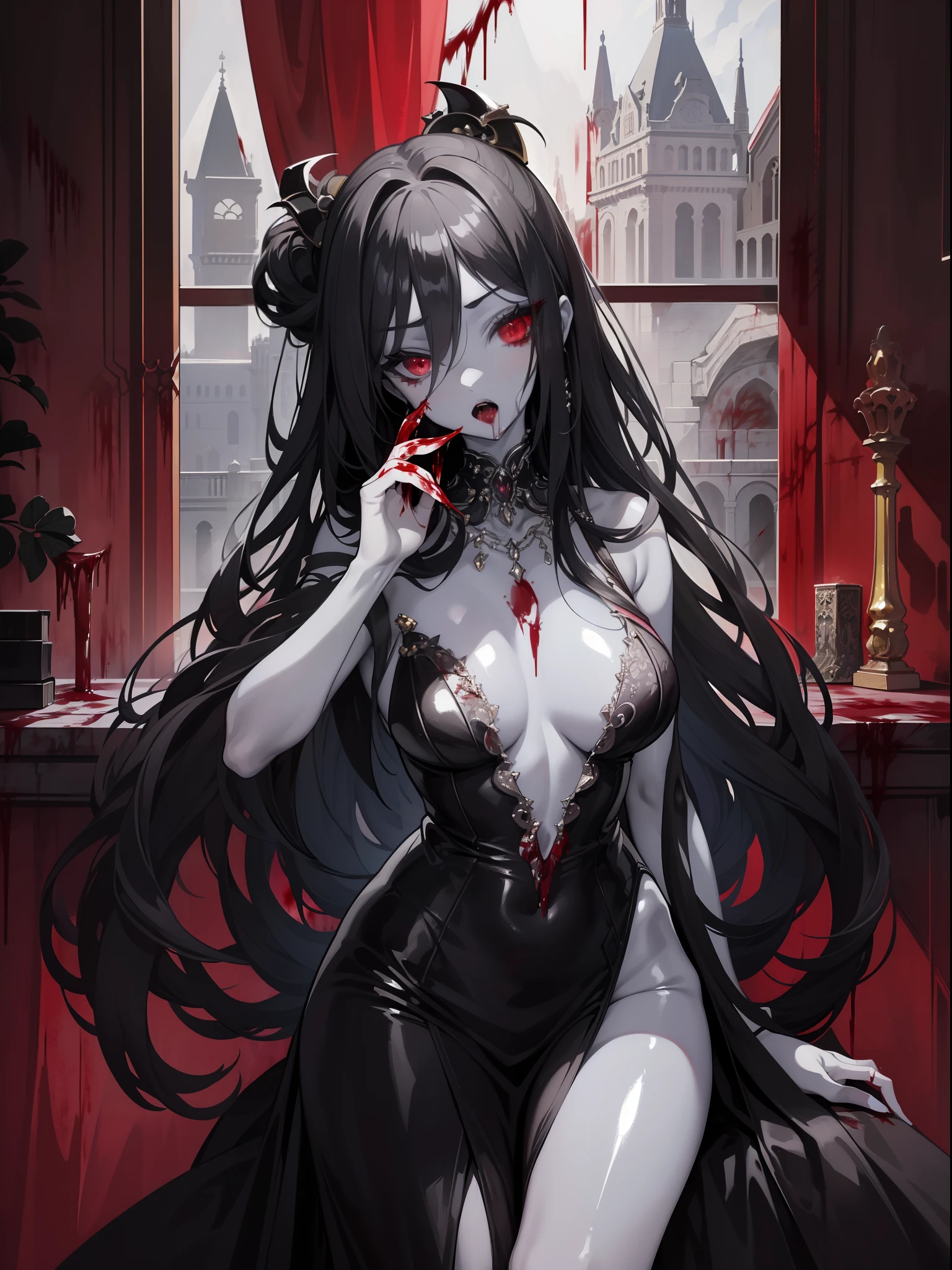 masterpieces, high quality, extreme detail, an extremely delicate and beautiful,classical beauty, (1 female, vampire,black long hair,red eyes)(shiny skin:1.7),(wearing black evening dress),(Open mouth)(Tasting Blood:1.7),beside the window,moonlight,midnight,laughing crazy，Bathe in a pool of blood