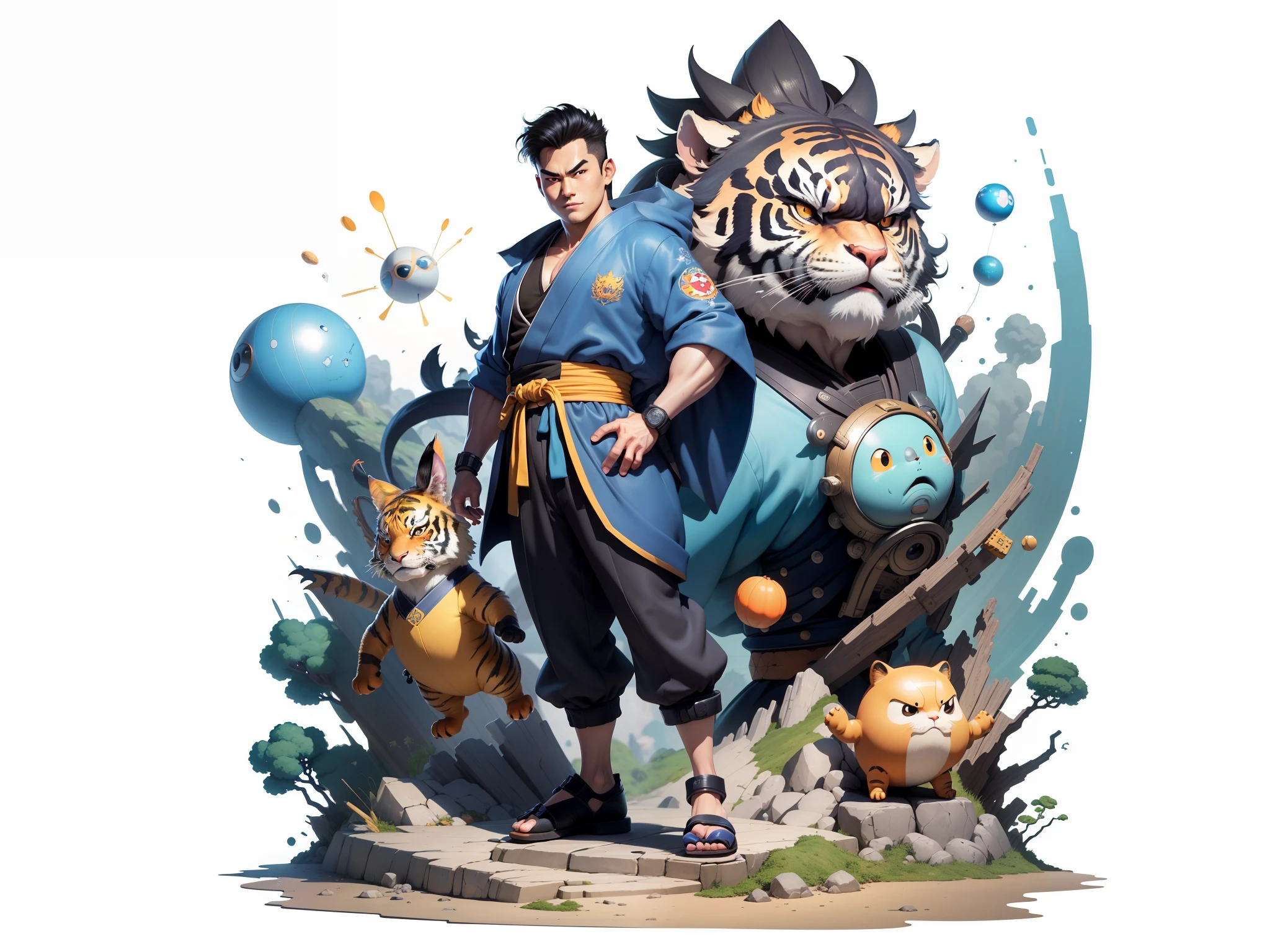 (Masterpiece), (Excellent), (Super Meticulous), (Full Body: 1.2), Super Young Man, Oriental Face, Japanese Kimono, Japanese Wind Thunder God, Dragon, Tiger, TV Anchor, Bust Portrait Illustration, Alone, Black Suit, Blue Tie, Slightly Chubby Face, Very Clean Face, No Beard, Black Super Short Hair, Black Eyes, Confident Smile, 3c Computer Sub-Products, iPad, iPhone, Digital Painting, 3D Character Design by Akira Toriyama and Mark Claireden and Pixar and Hayao Miyazaki, The illustration is a high-definition illustration in 4K resolution with very detailed facial features and cartoon-style visuals.