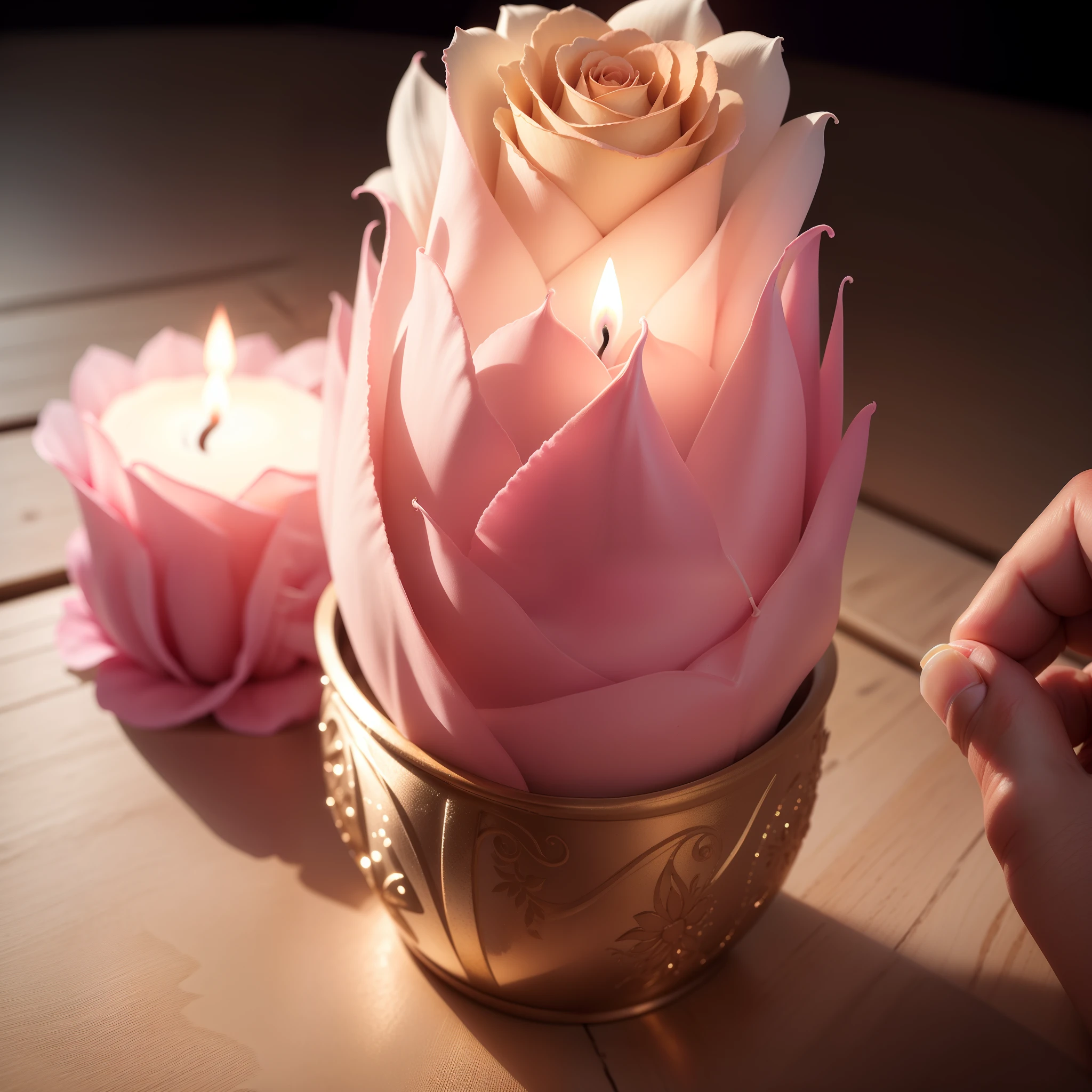 Photo of realistic hand holding flower candle, Vela rosa, vela com glitter, vela com chama iluminada, super realista, Hiper realista, 8k.