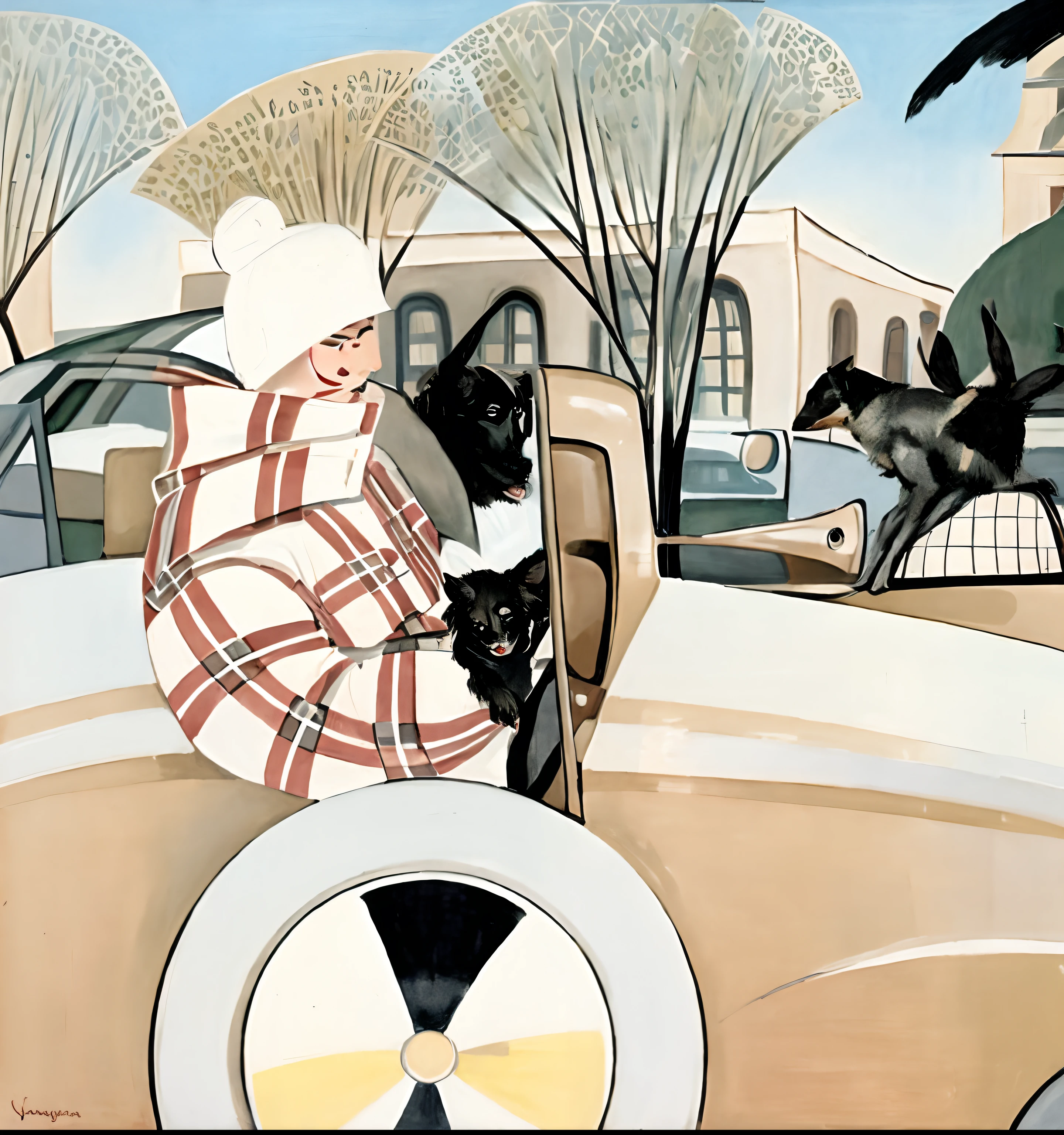 painting of a man in a car with a dog and a dog on his back, Directed by: Pruett Carter, art deco illustration, inspirado em Gerda Wegener, Directed by: Gerda Wegener, Directed by: Dahlov Ipcar, Art Deco dos anos 1920, art deco painting, Uma pintura Art Deco, Directed by: Yvonne Jacquette, Georgy Kurasov