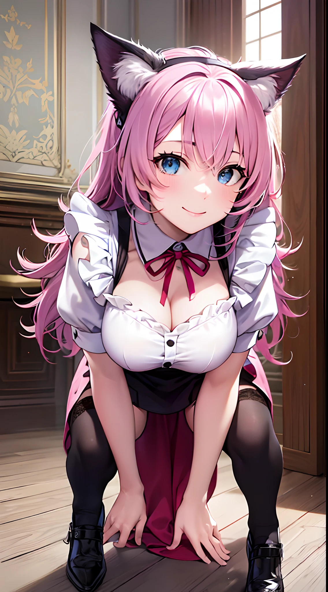 1girl, blue eyes, pink hair, ((masterpiece, best quality)), (1girl), rolling_eyes, ohogao, fucked_silly, frown, (hands behind head), blush, medium breast, naughty face, cleavage, curvy, thick thighs, wide hips, thin waist, thigh strap, (white lace-trimmed legwear:1.2), (highheels:1.1), nsfw, anus, pussy, spread legs, lactation, nipples, pussy juice, open pussy, looking at viewer, indoor, (open mouth), spread_legs, on_bed, steaming_body, face_focus,