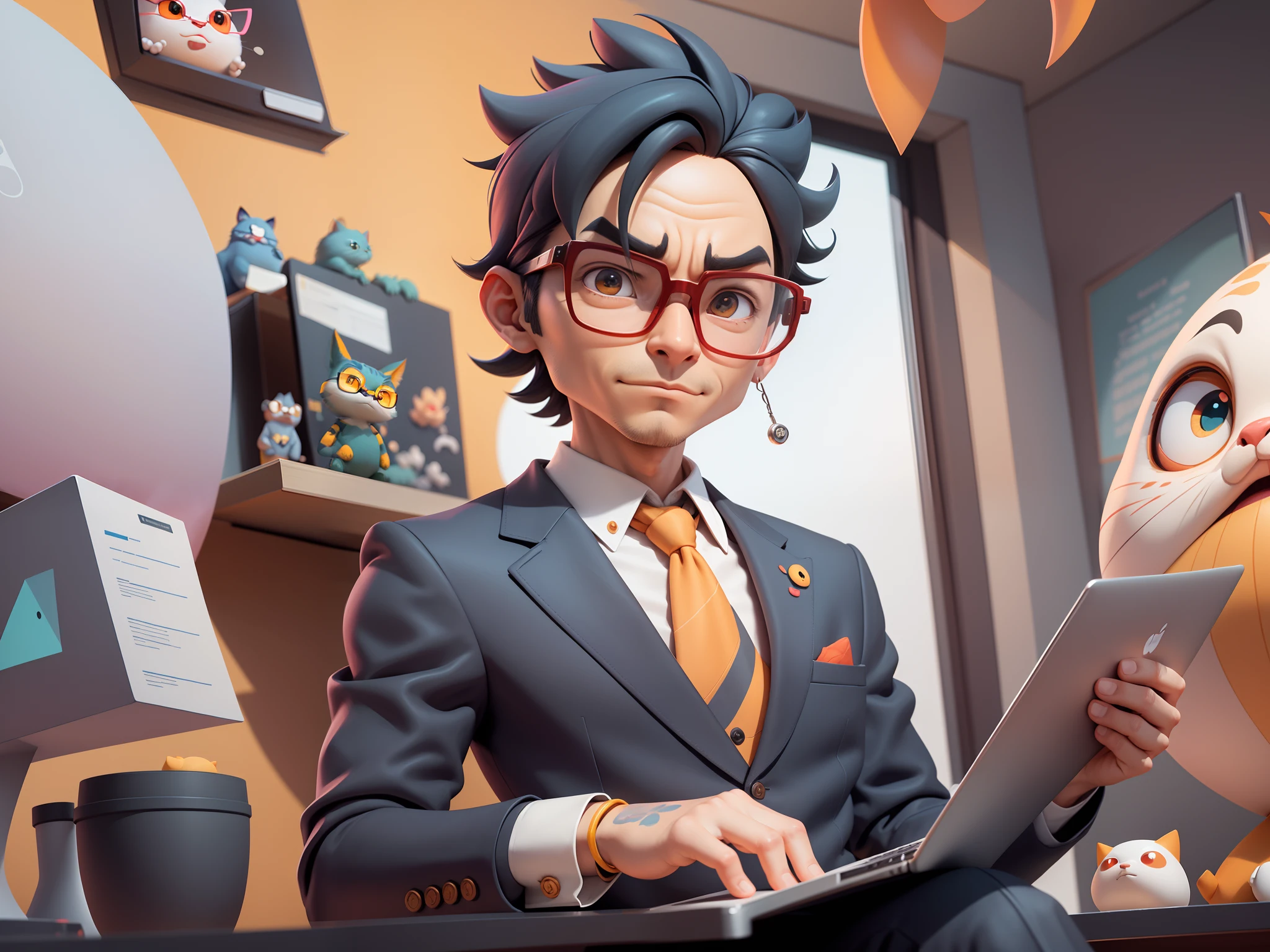 A young man in a suit, Short hair and glasses sat at his desk,holding laptop,digitial painting,tigre,3D character design by Mark Clairen and Pixar and Hayao Miyazaki and Akira Toriyama,4K HD illustration,Very detailed facial features and cartoon-style visuals。
