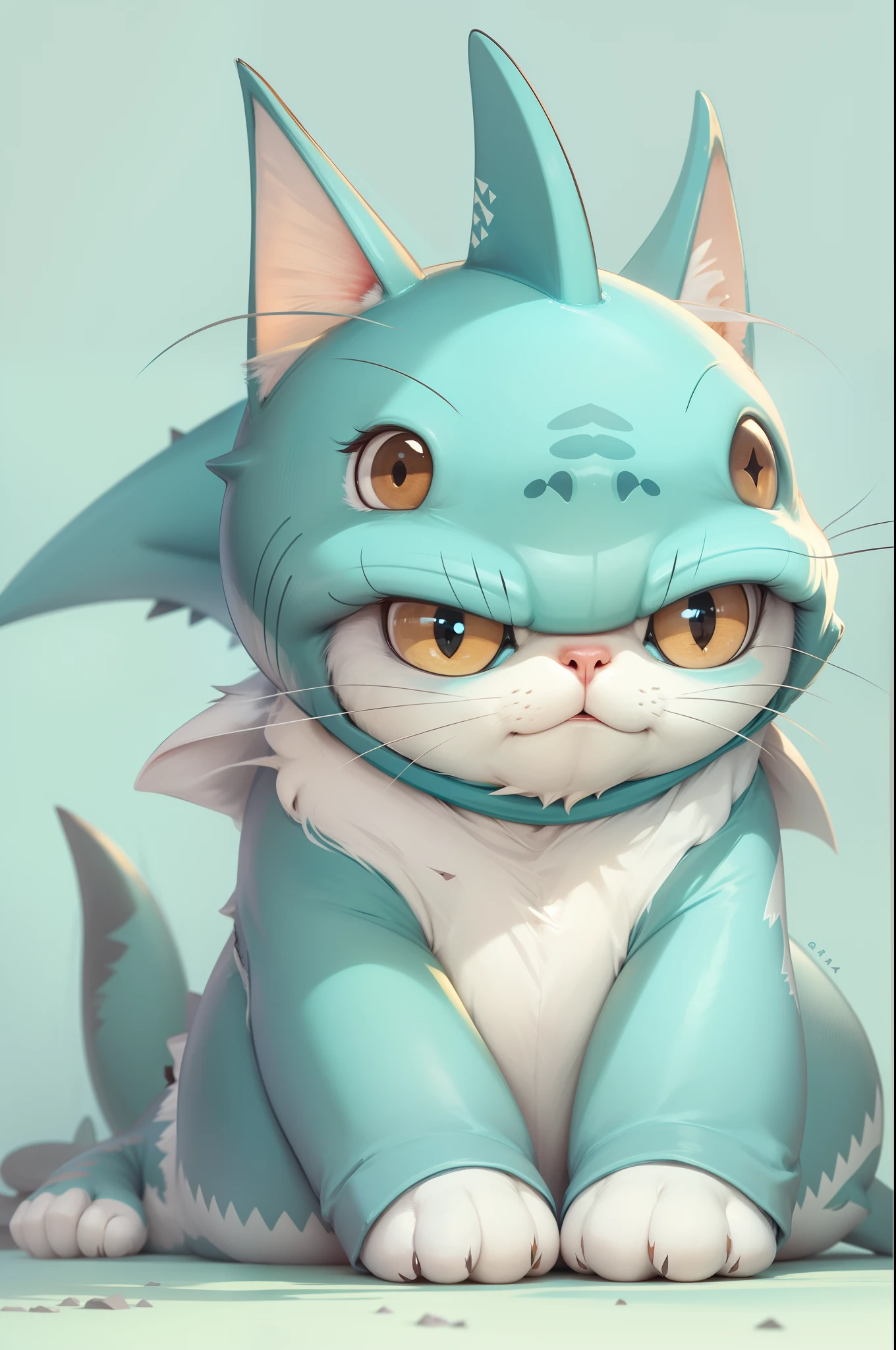 Shark cat:Shark body, cat head, limbs,Light blue hair。Lazy on his stomach,adolable,Dumb cute