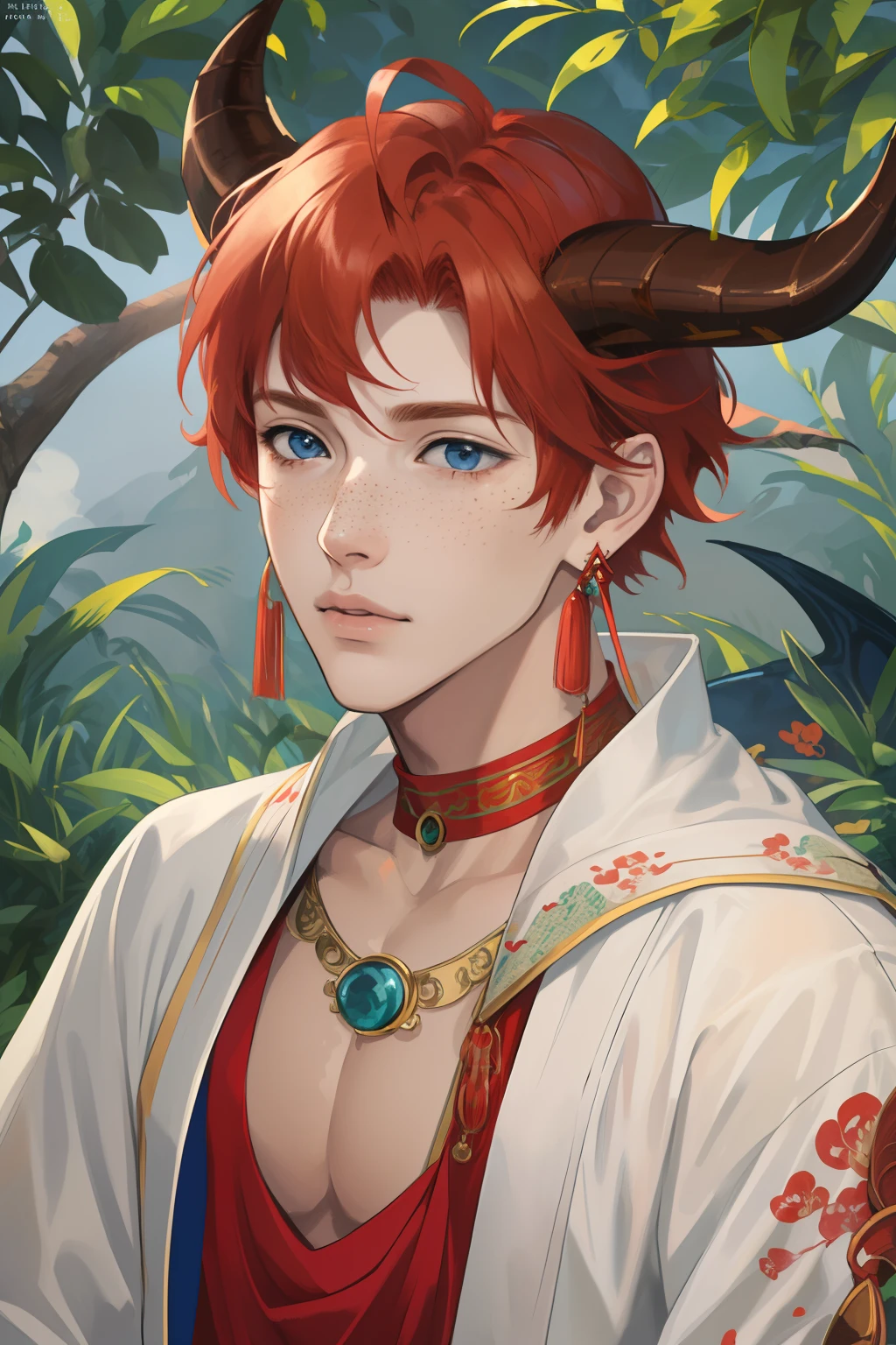 nsfw, masterpiece, best quality, ultra-detailed, semi-realistic, anime, detailed facial features, 1boy, light red hair, short hair, Freckles, blue soft eyes, wearing Women's ancient Indian inspired clothing, horns, japanese earrings, indian theme, brown skin, dragon tail, forest