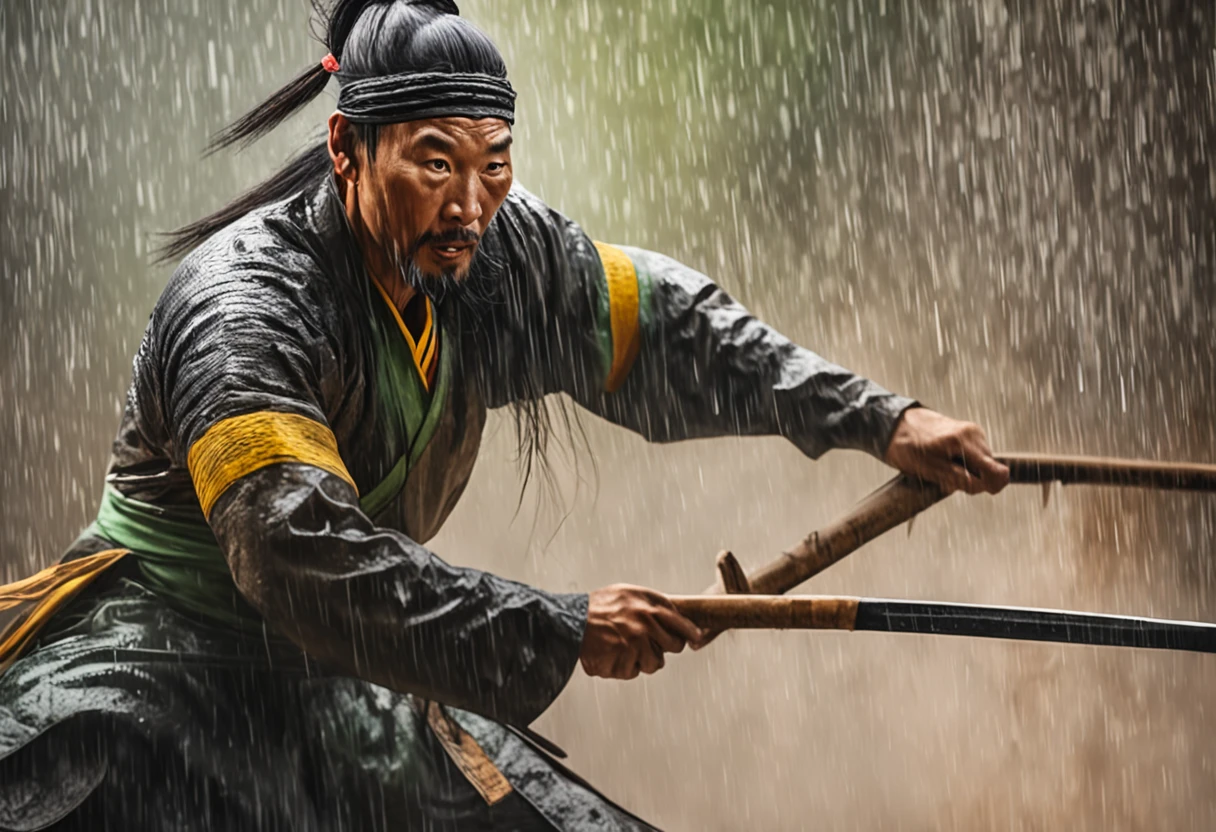 an extreme closeup shot:Chinese male warriors of the Song Dynasty,Hair soars,Wielding a long sharp knife,With a murderous expression on his face。Fighting posture,Motion blur,perfect hand,Bamboo forest in the rain,lightand shade contrast,top views,Faraway view,Focus on people。Depth of field 2.0。Chinese ink splash painting style,Drawn by Zhang Daqian。