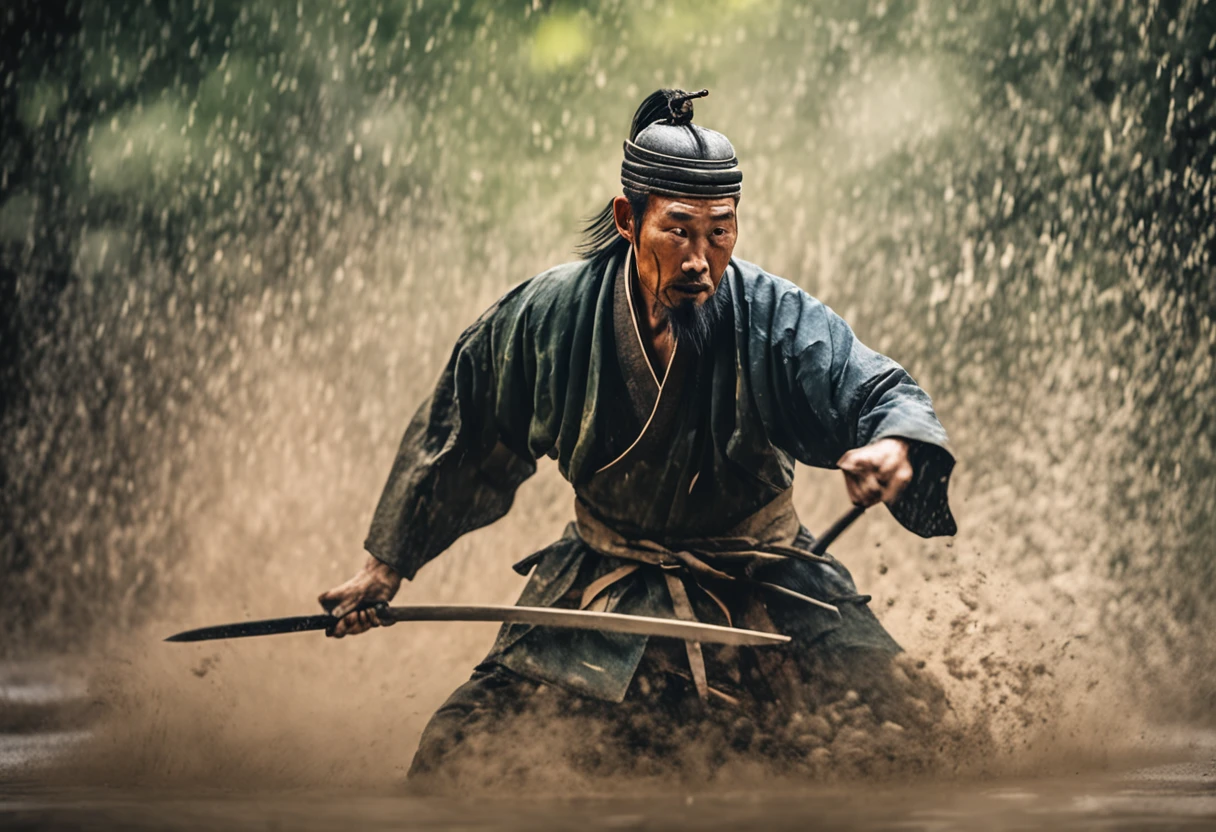 an extreme closeup shot：Chinese male warriors of the Song Dynasty，Hair soars，Wielding a long sharp knife，With a murderous expression on his face。Fighting posture，Motion blur，perfect hand，Bamboo forest in the rain，lightand shade contrast，top views，Faraway view，Focus on people。Depth of field 2.0。Chinese ink splash painting style，Drawn by Zhang Daqian。