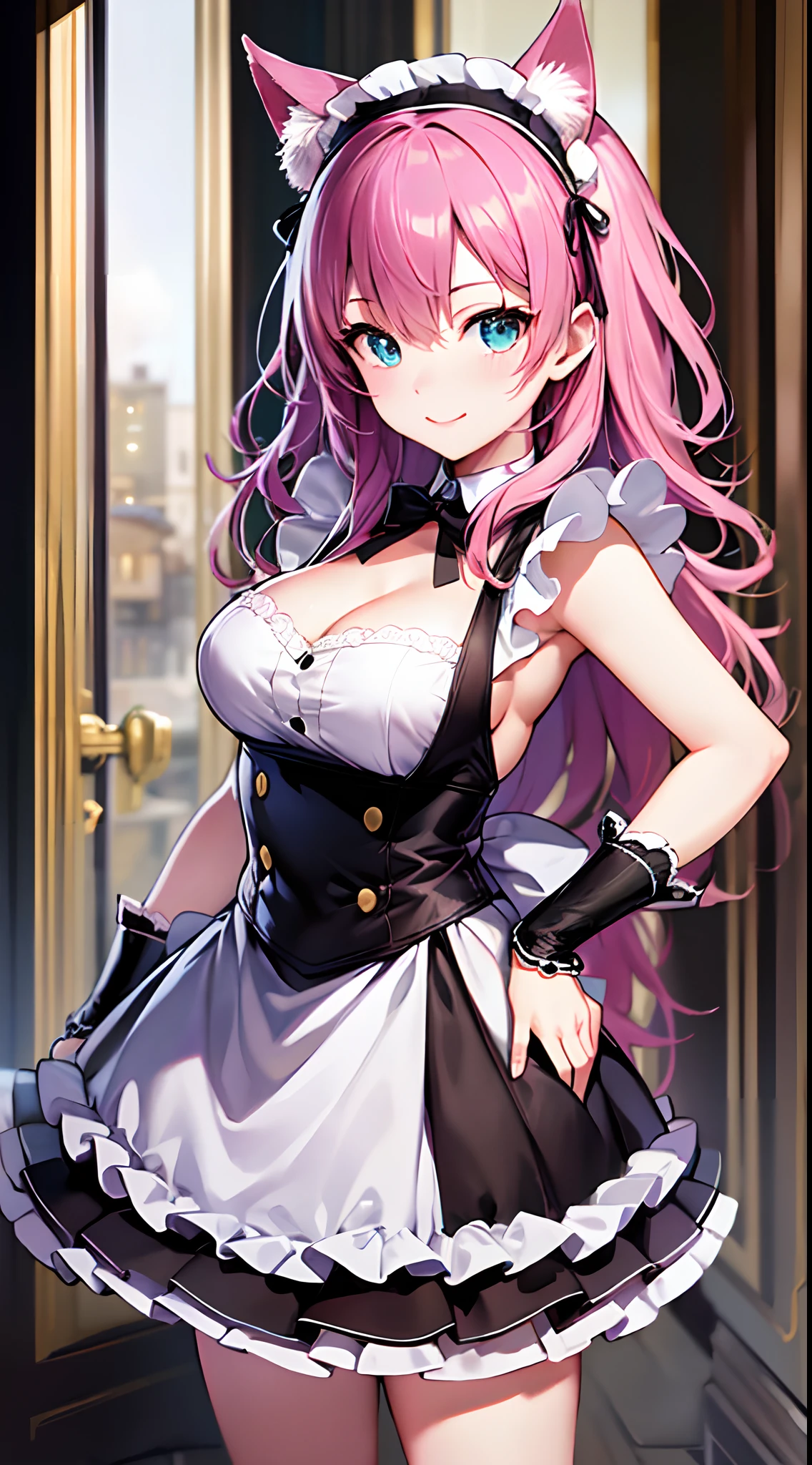 (a closeup of an anime character doing a sexy pose), (anime cat girl with pink cat ears and wavy and loose pink hair, in a maid costume), full body commission, commission for high resolution, (maid outfit), (anime girl in a maid costume, cosplay of a cat) (short dress), oc commission, in pixiv, cute anime cat, (waitress) girl, catgirl anime, beautiful maid, full body commission for anime, hyper realistic texture, realistic photo, ultra detailed, no drawing edges, Smiling! , photorealistic, texture of ultra realistic clothes, Natural lighting, realistic lighting, no dark edges, detailed shadows, ultra realistic photo, absurd realistic, realism, no drawing edges, ultra absurd photorealistic, mega realistic hair, mega realistic clothes, absurdly realistic details, no deformities, no drawing edges,  no drawing lines, 8K, 4K