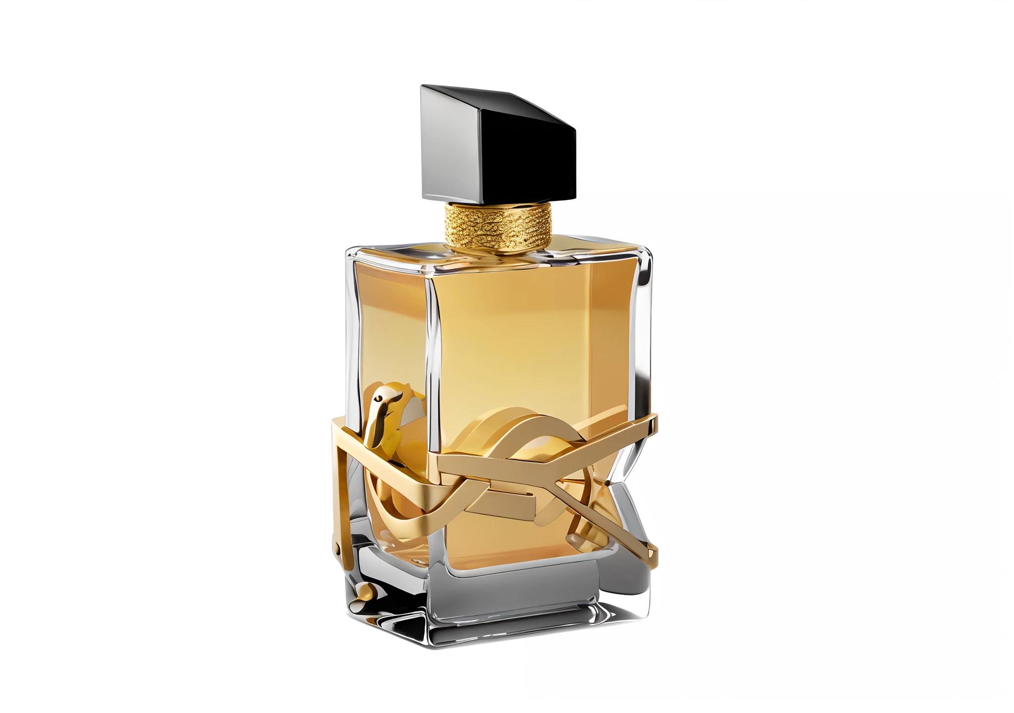 A bottle of golden perfume，Placed in the green jungle，bluestone，small stream，Colorful birds
