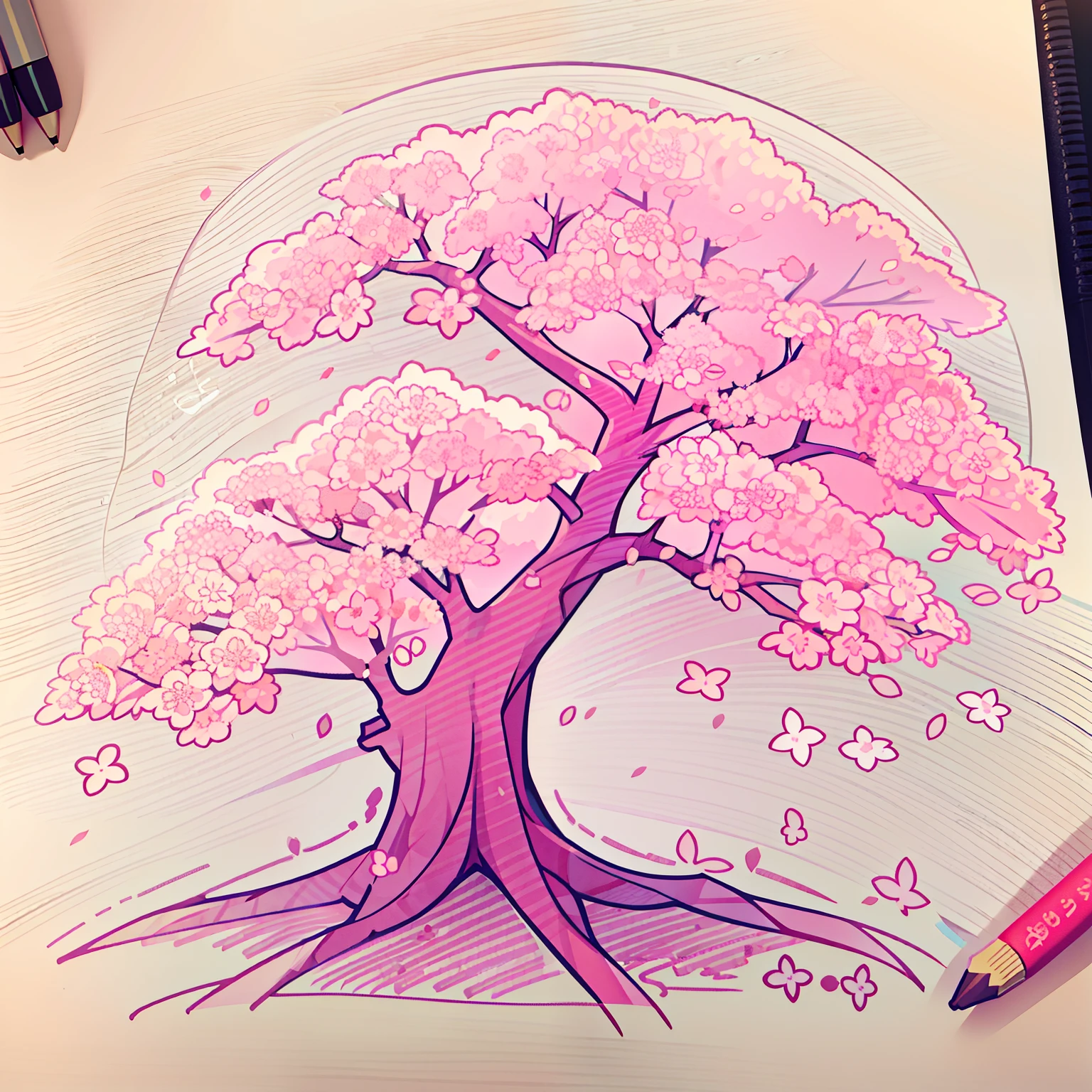 Draw a cherry blossom tree,There is a note on the cherry blossom tree