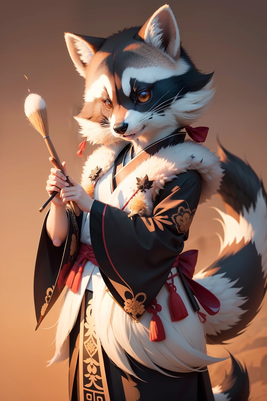 "Develop a unique and engaging logo for my Japanese calligraphy social network, incorporando um personagem animal. The character should be inspired by the Japanese fauna and reflect the grace of calligraphy. Por exemplo, You can create a small raccoon expertly by holding a calligraphy brush, with strokes reminiscent of Japanese brushstrokes. Integre elementos de natureza, como folhas de bambu ou flores de sakura, para contextualizar o personagem. Use cores suaves e suaves que transmitam tranquilidade e criatividade. Certifique-se de que o logo transmita a ideia de aprendizado, artistic expression and connection with nature."