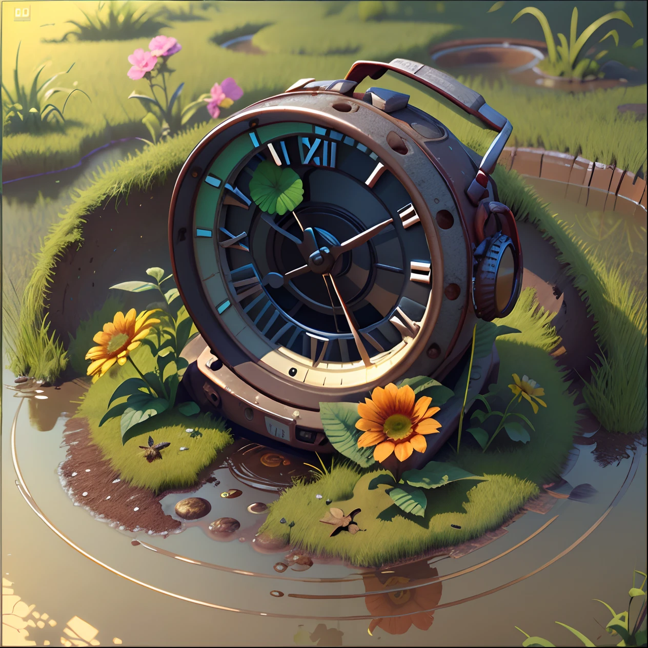 An abandoned alarm clock is half buried in the mud，Build nests for insects，There are flowers growing on it, isometry，high-angle, Big surreal，Realistic 3D game art，True light，warm sunlight