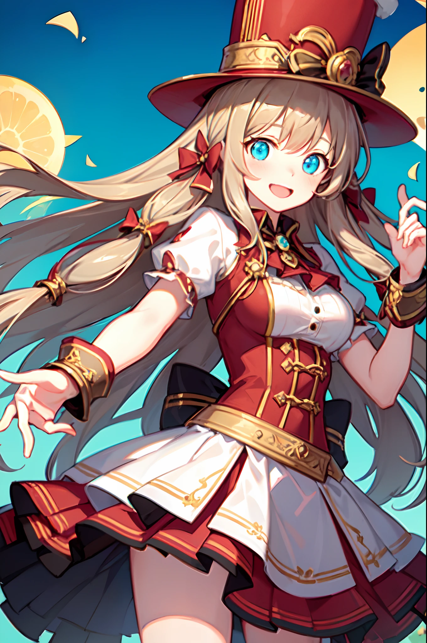 Masterpiece, best quality, yukka uniform, Yukka Ende, blush, smile, upper body, face close up, portrait, open mouth, red dirndle, silk hat, outside, sky, day, green park, perfect lighting, dynamic angle, red small hair bows, blue eyes, 1girl, solo, red skirt, dynamic pose