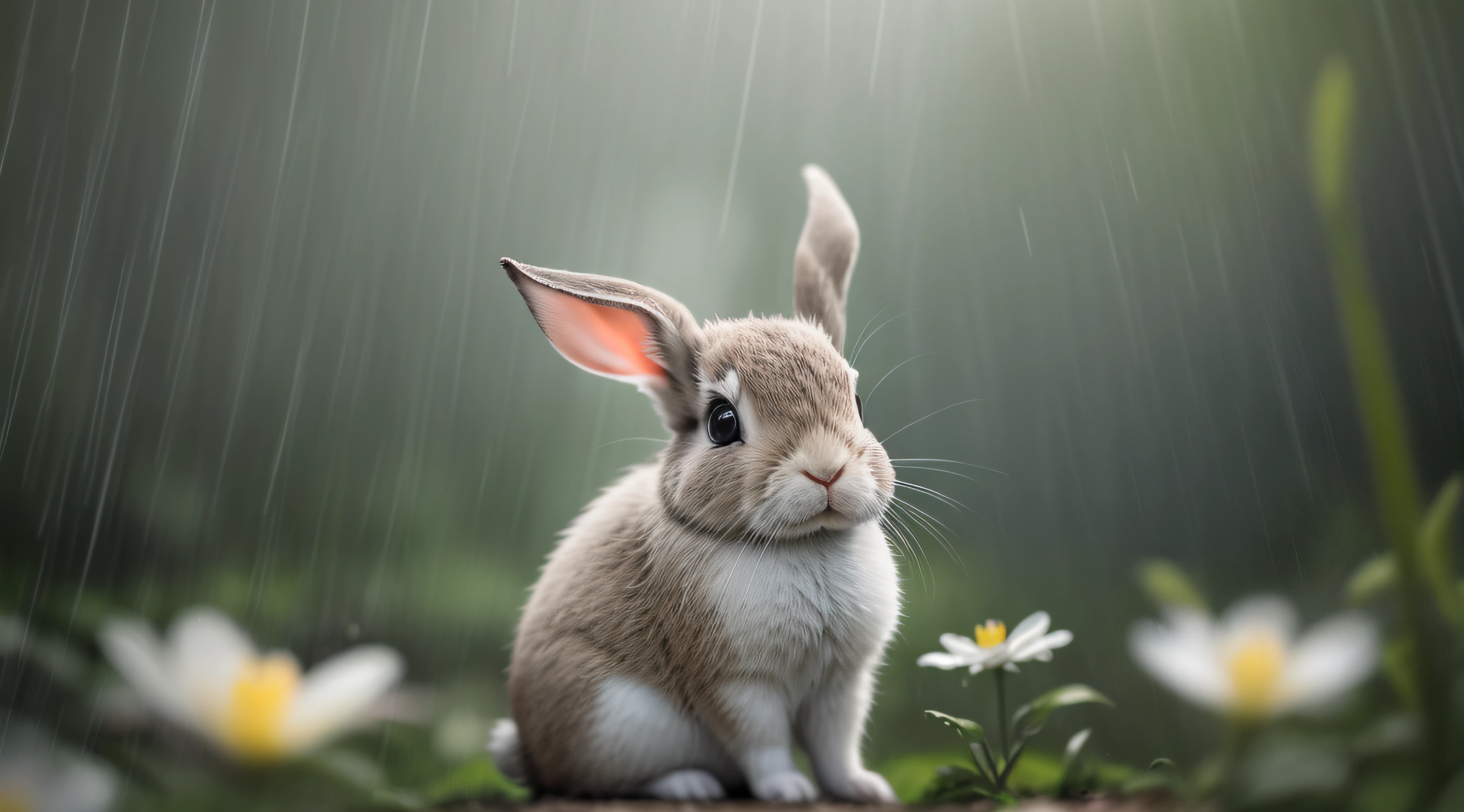 raining day，an enchanted forest，Close-up photo of rabbit sitting，clean backdrop，depth of fields，largeaperture，photography of，during night，glowworm，volume fog，Halo，blooms，Dramatic atmosphere，at centre，the rule of thirds，200mm 1.4F macro shooting