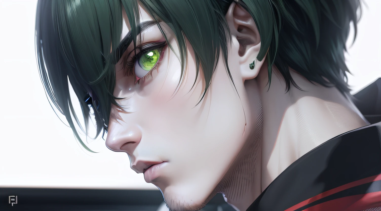 menino anime com olhos verdes e uma camisa preta com um colarinho preto, with a serious look and green aura around him, badass anime 8k e cabelo esverdeado