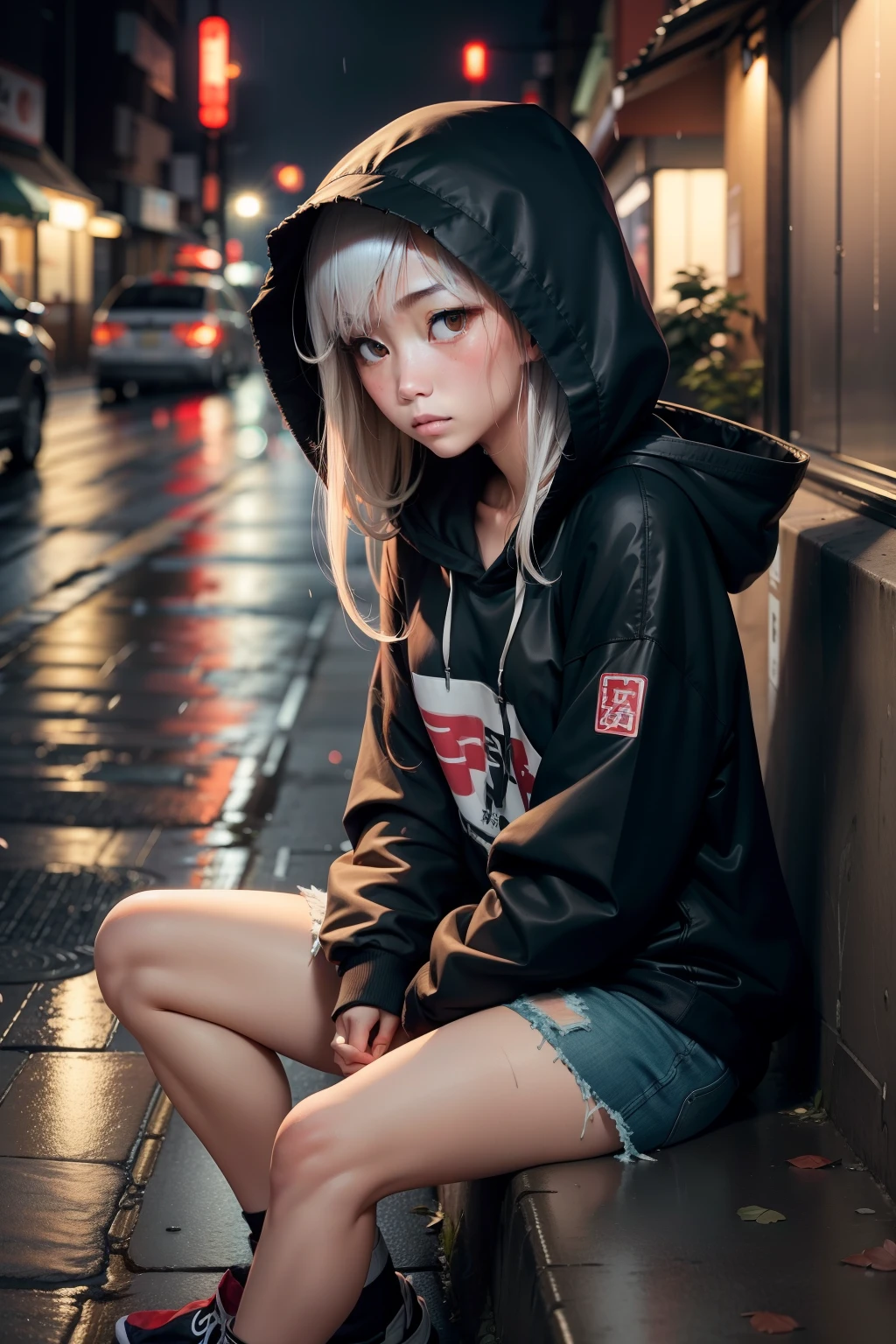 japonesa sem teto, triste, with torn clothes and wearing the hood of a torn sweatshirt on the street on a rather rainy night sitting on the sidewalk