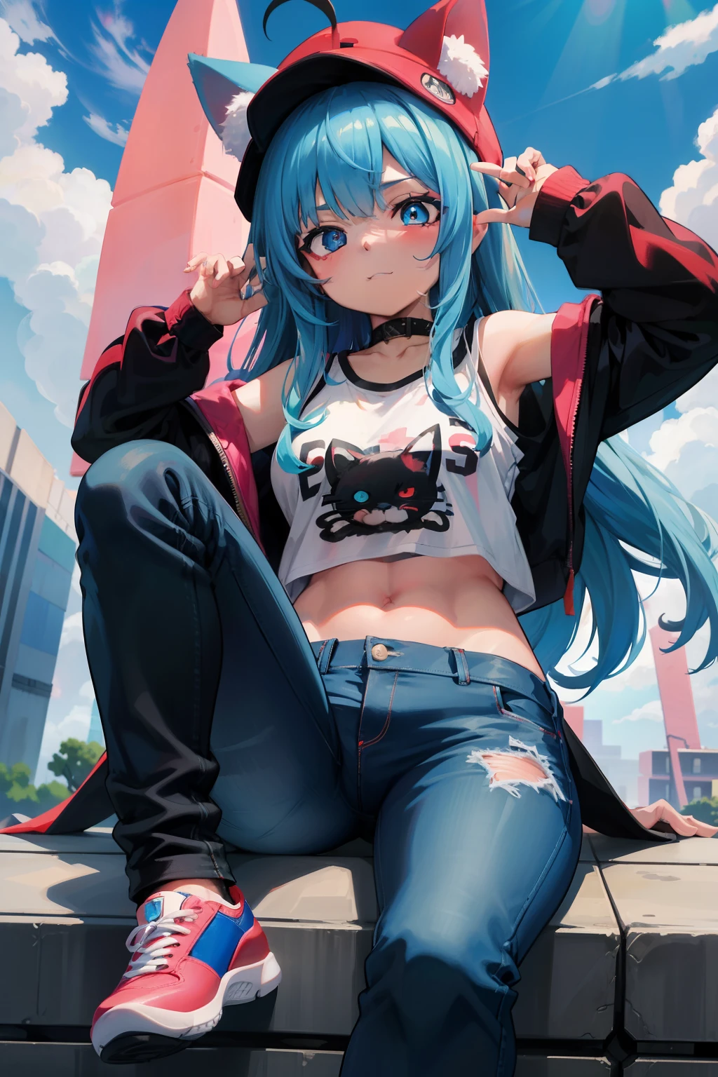 Chica de anime Neko orejas con Blue Hair, Cabello ahoge, saludando al espectador , feliz, Winking, gorro negro, con detalles en rojo chaqueta blanco con negro, jeans azules, zapatillas deportivas, manos perfectas, ojos perfectos, tetas medianas, With Heterochromia, ojo azul, y ojo rojo, posando para la foto, con un fondo de cuidad, con colores calidos, junto a un protegen, furro, rojo y negro, feliz.