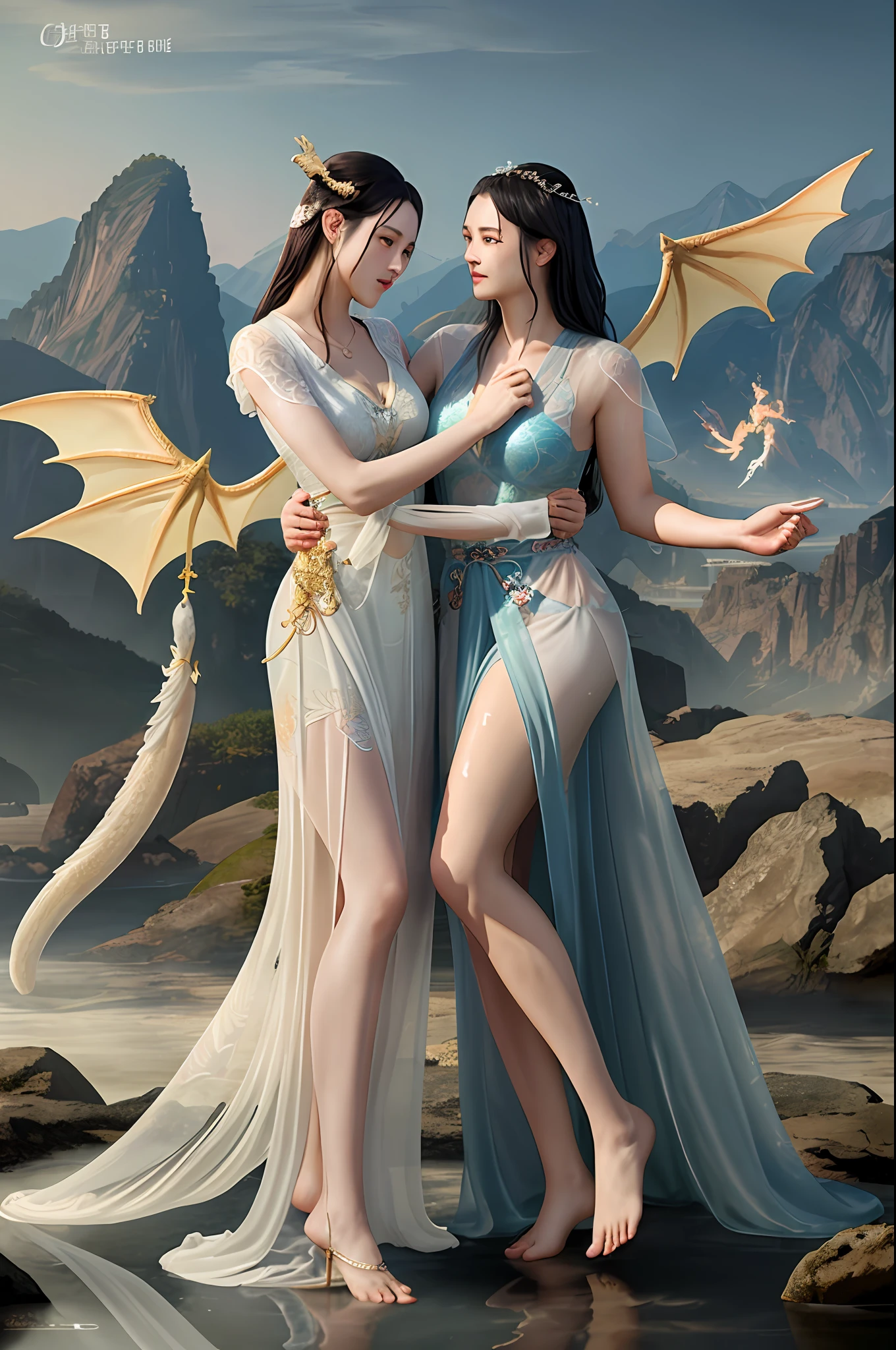 (lesbian cuddling) rough man Zeus muscles naked, face focud,beauty, bare legs, see-through, arms open, standing, hanfu, wet, clear, realistic, highest detail, Chinese mythology, dragon pattern, phoenix, sacred, holy, mountains