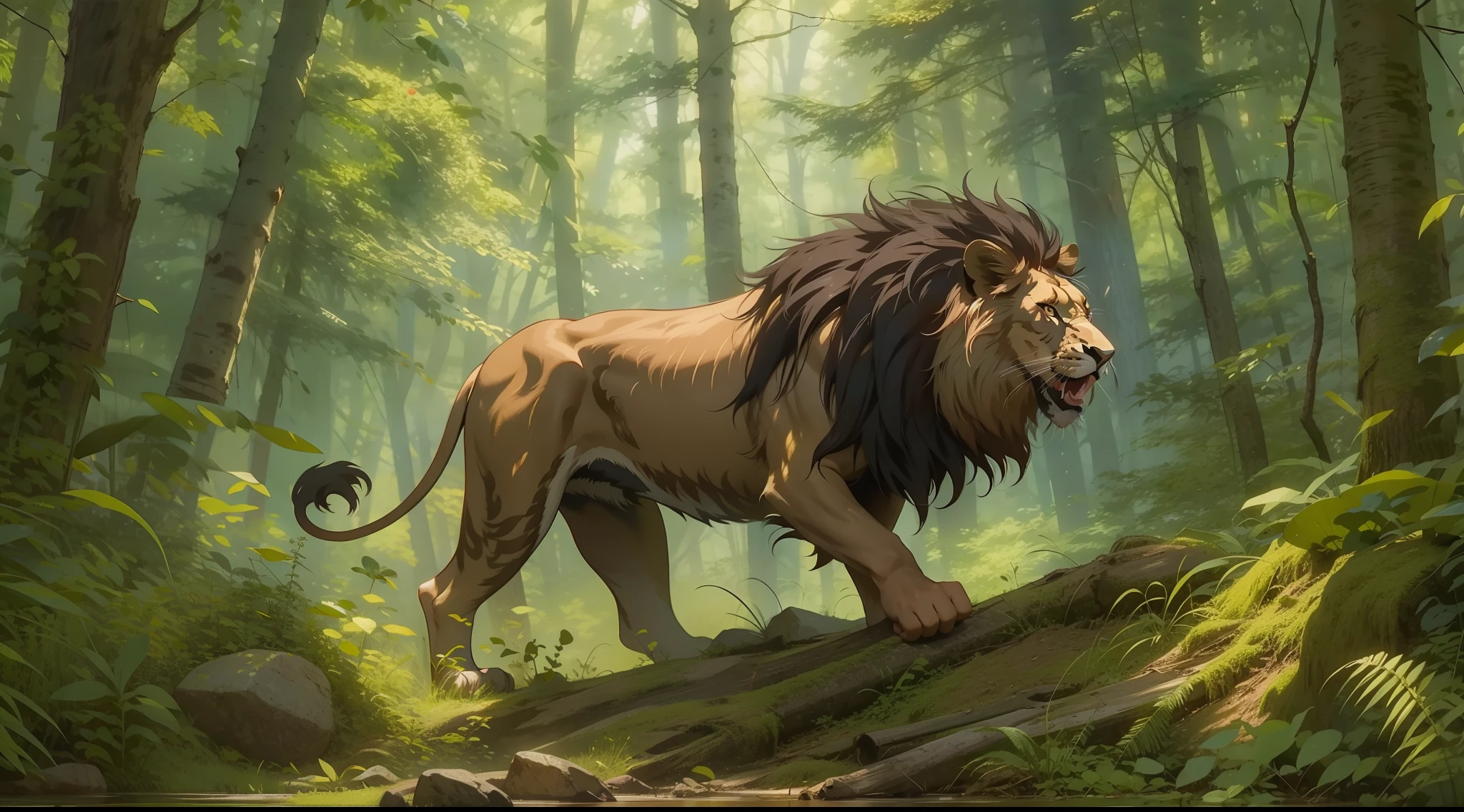 dark brown lion jumping with open jaws to attack violently in a dark and mysterious forest at night, movement scene in the forest, changing lighting, hyper-realistic lighting, cinematic,