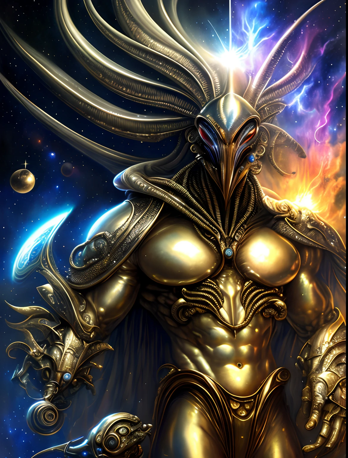 Terrifying alien space monster with gold and silver skin,holding a cane with red,verde,Diamantes naranjas y azules,futuristic,((masculino,cuerpo completo)),Arte de Boris Vallejo,h.r. Giger y Julie Bell,((Arte ultrahiperrealista,elegante,Bellas Artes)),((hiperdetallado,obra maestra,32K,Ultra HD.)).