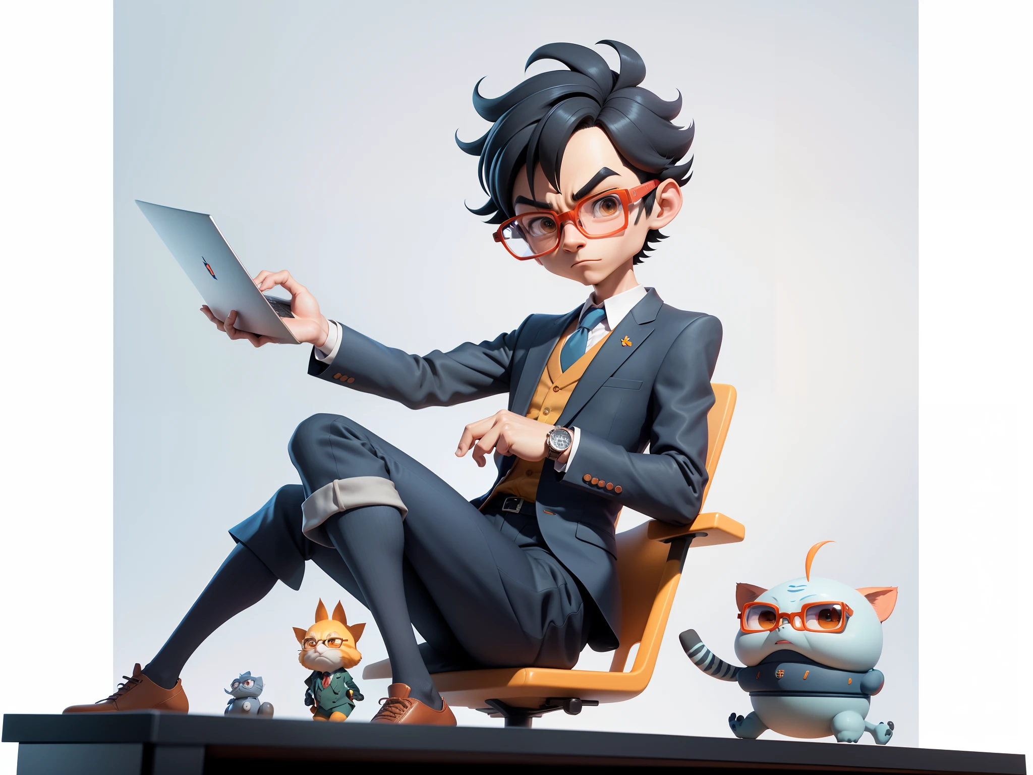 A young man in a suit, Short hair and glasses sat at his desk,holding laptop,digitial painting,tigre,3D character design by Mark Clairen and Pixar and Hayao Miyazaki and Akira Toriyama,4K HD illustration,Very detailed facial features and cartoon-style visuals。