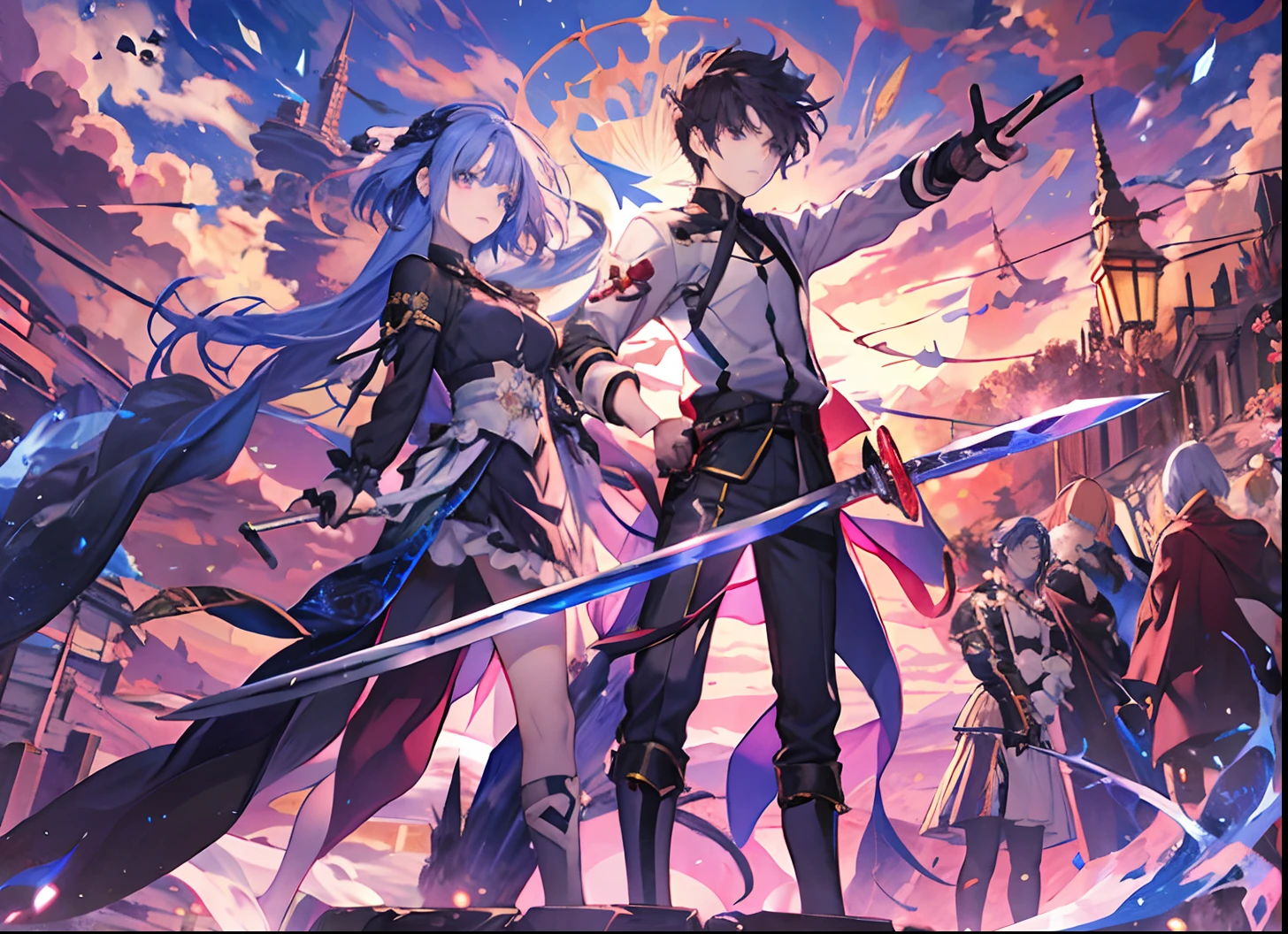 anime characters with swords in their hands in front of a starr sky, anime cover, dual wielding two magical swords, wlop and sakimichan, dramatic duel of the fates, detailed key anime art, anime style like fate/stay night, dual swords, sirius a and sirius b, 1 girl, 1 boy