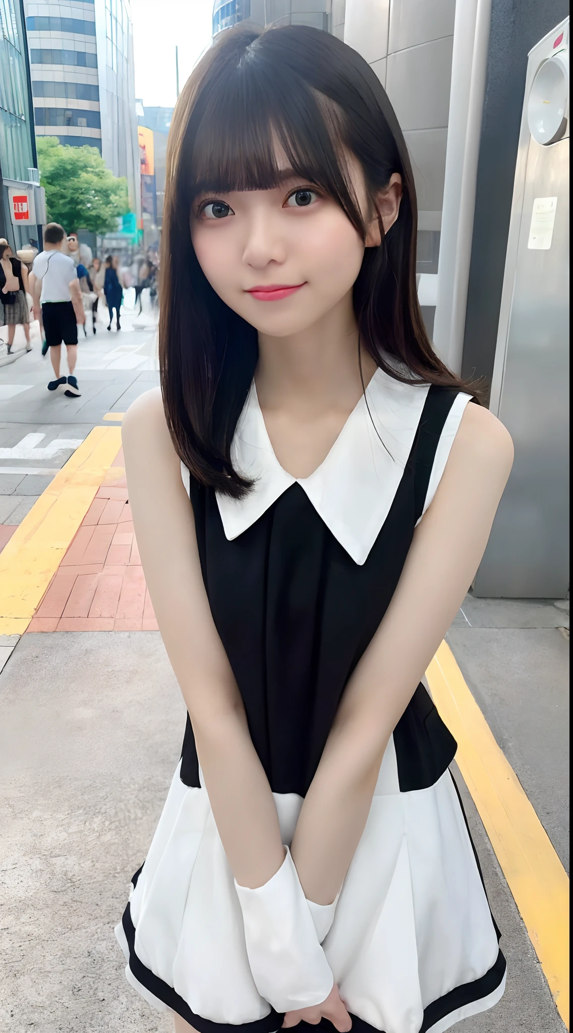 mix4, (8K, Raw photography, Top image quality, masterpiece: 1.45), (realisitic, Photorealsitic: 1.37), one girls, cute little, A city scape, natta, Sateen, Wetty, profetional lighting, photon maping, Radio City, physically-based renderingt, Gradient black hair, white hair, short curly hair, a handsome, girl with, (((Randomly generated plain clothes))), Top Quality Photos, hight resolution, 1080p, (clearface), (Detailed face description), (Detailed hand description), (masterpiece), (Exquisite CG)、extreme light and shadows、dishevled hair、master work、abundant detail、(Fine facial features)、(top quality photo)、(masuter piece)、(A detailed eye)、Look in front of you、Fine clavicle、((Slender big))、((Office Looksuit)))、((Cute clothes))、((In front of Shibuya Station Scramble Crossing))、(Shooting from random perspectives)、(((sleeveless)))、耳Nipple Ring、A big smile、Drawing the whole body from the knees、lean against the wall