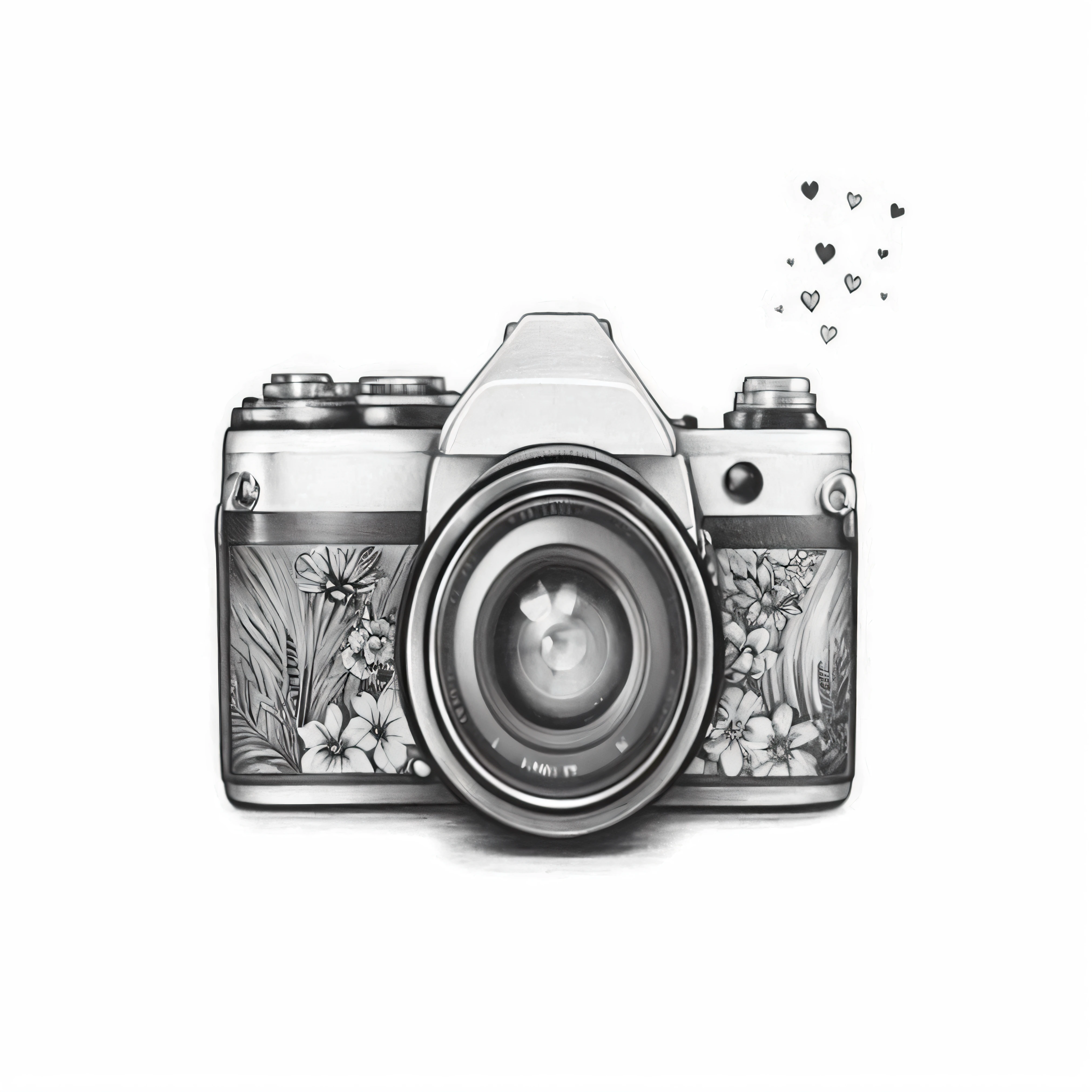 a drawing of a camera with a heart shaped lens, overdetailed art. dslr, photorealistic camera shot, vintage camera, camera bloom, 8 0 s camera, realistic detailed photography, film camera style, camera low, detailed realistic photography, high detailed photography, sketch black and white colors, vintage photography, photography hight quality, beautiful cameraphone