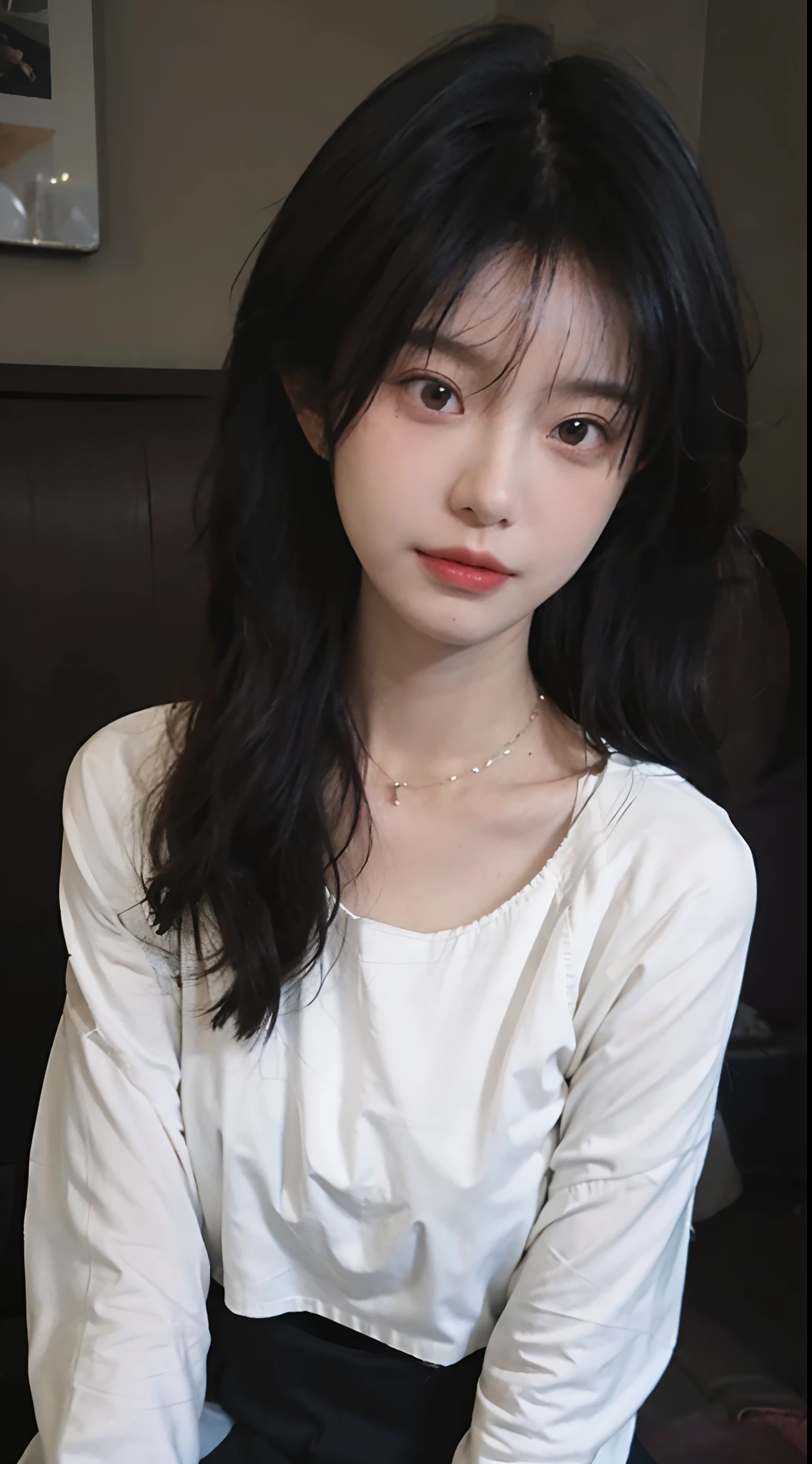 best qualtiy, 超高分辨率, (realisticlying:1.4),cute hairpin,1girll,Cropped black sweater ,Full of atmosphere,Beautiful woman with a slim figure:1.4, Abs:1.1, 浴室,Ultra-fine face,Elaborate Eyes,二重まぶた,choker necklace,head straight-looking at viewer,