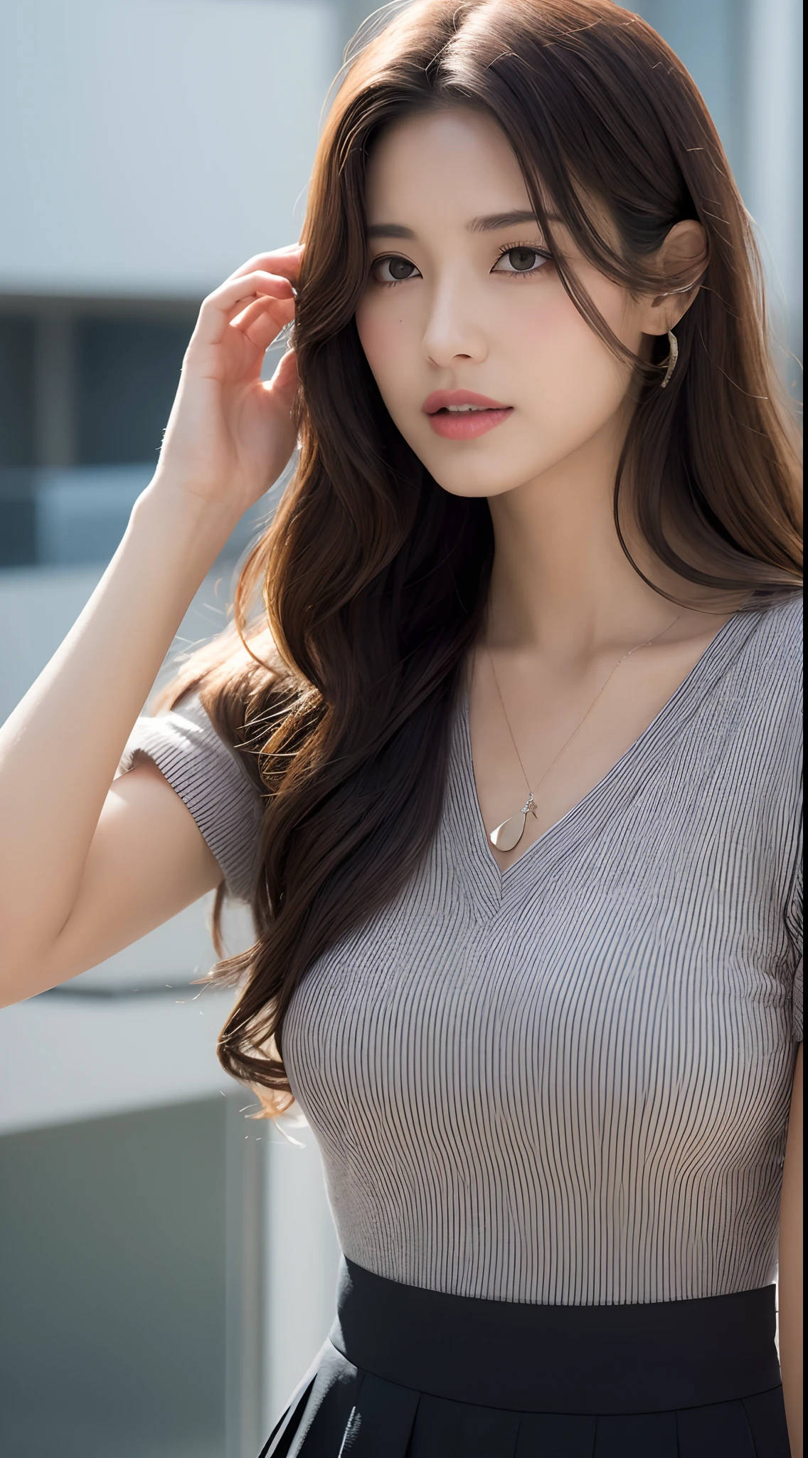 dark brown hair、Light brown eyes、The face of the Japan actress、 Lady、looks like him'i'i'i'i'i'i'i'i'I'm about 40 years old、(intricate-detail:1.2)、(top-quality:1.4)、 (超A high resolution:1.2)、超A high resolution、(A detailed eye)、(detailed facial features)、nffsw、8K resolution、D-cup size breasts、length hair、i'i'、White the Fluffy V neck, long-sleeved dresses、A one-piece dress made of soft knit material, similar to a phone knit dress that shows off your body line beautifully...、Eat French food、upscale restaurant、Sumptuous dinners、Stylish restaurant、