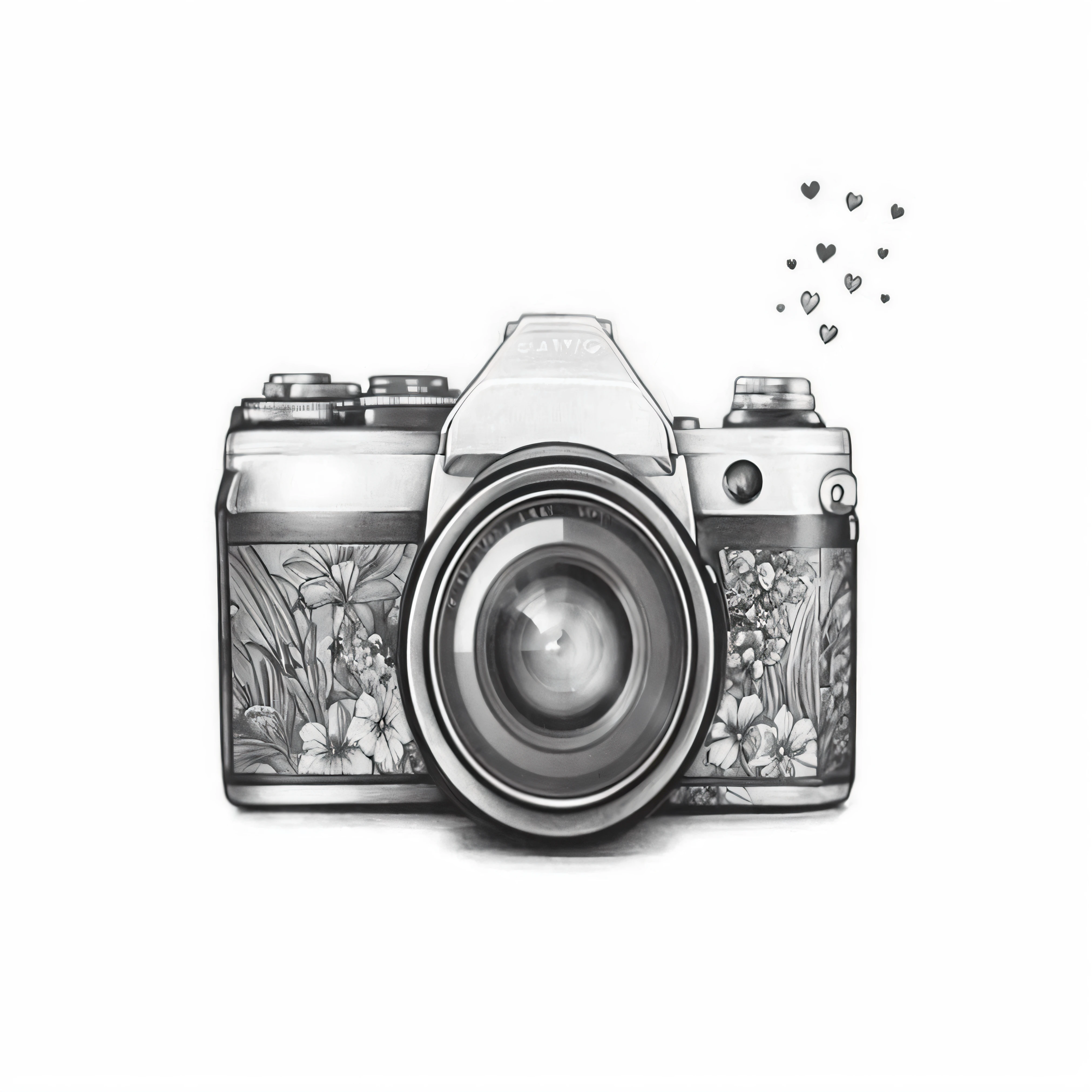a drawing of a camera with a heart shaped lens, overdetailed art. dslr, photorealistic camera shot, vintage camera, camera bloom, 8 0 s camera, realistic detailed photography, film camera style, camera low, detailed realistic photography, high detailed photography, sketch black and white colors, vintage photography, photography hight quality, beautiful cameraphone
