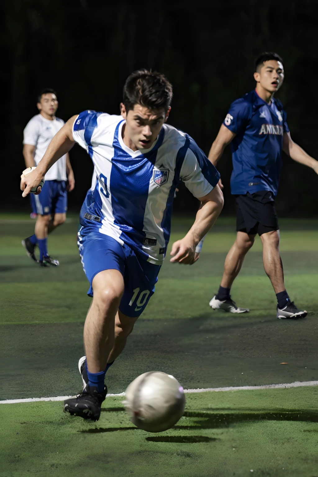 There are two men playing football on the pitch at night, taken with canon 8 0 d, dribbble, play soccer, action shot, taken with canon eos 5 d, Shot on Canon EOS R 6, taken with a canon eos 5d, taken with a canon eos 5 d, taken with canon eos 5 d mark iv, on a football field