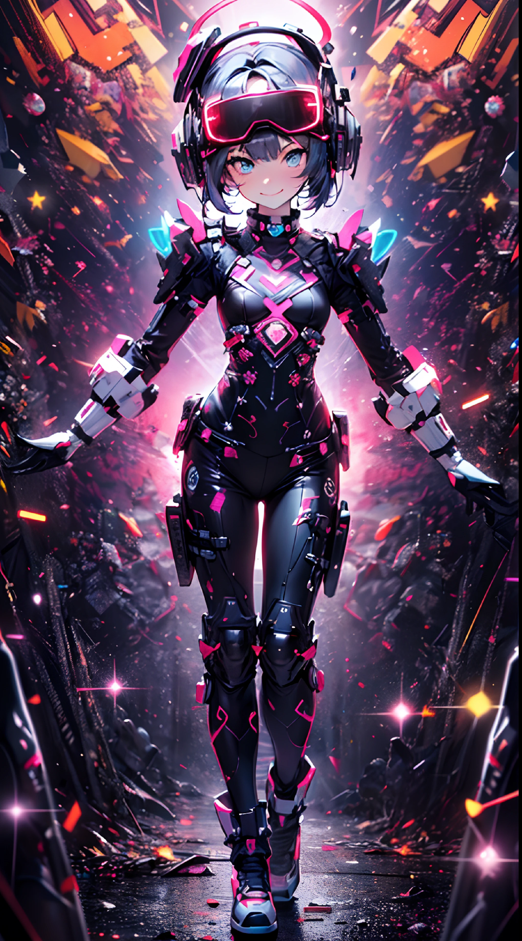 ((cyberpunked)),Optical camouflage、VR Goggles、Neon light、City of the Future、Glowing jumpsuit、(1girl in, Solo:1.6),(Cute smile),(Clothes are simple), (Best Impact:1.5), (maximalism:1.7), Vivid contrast, (Realistic), hyperrealistic illustrations, hight resolution, ultra-detailliert, absurderes,(Fractal Art:1.3)、Random hairstyle、Random hair color colorful、FULL BODYSHOT、Retro、Precise focus、randome pose、cinema4d、Drama