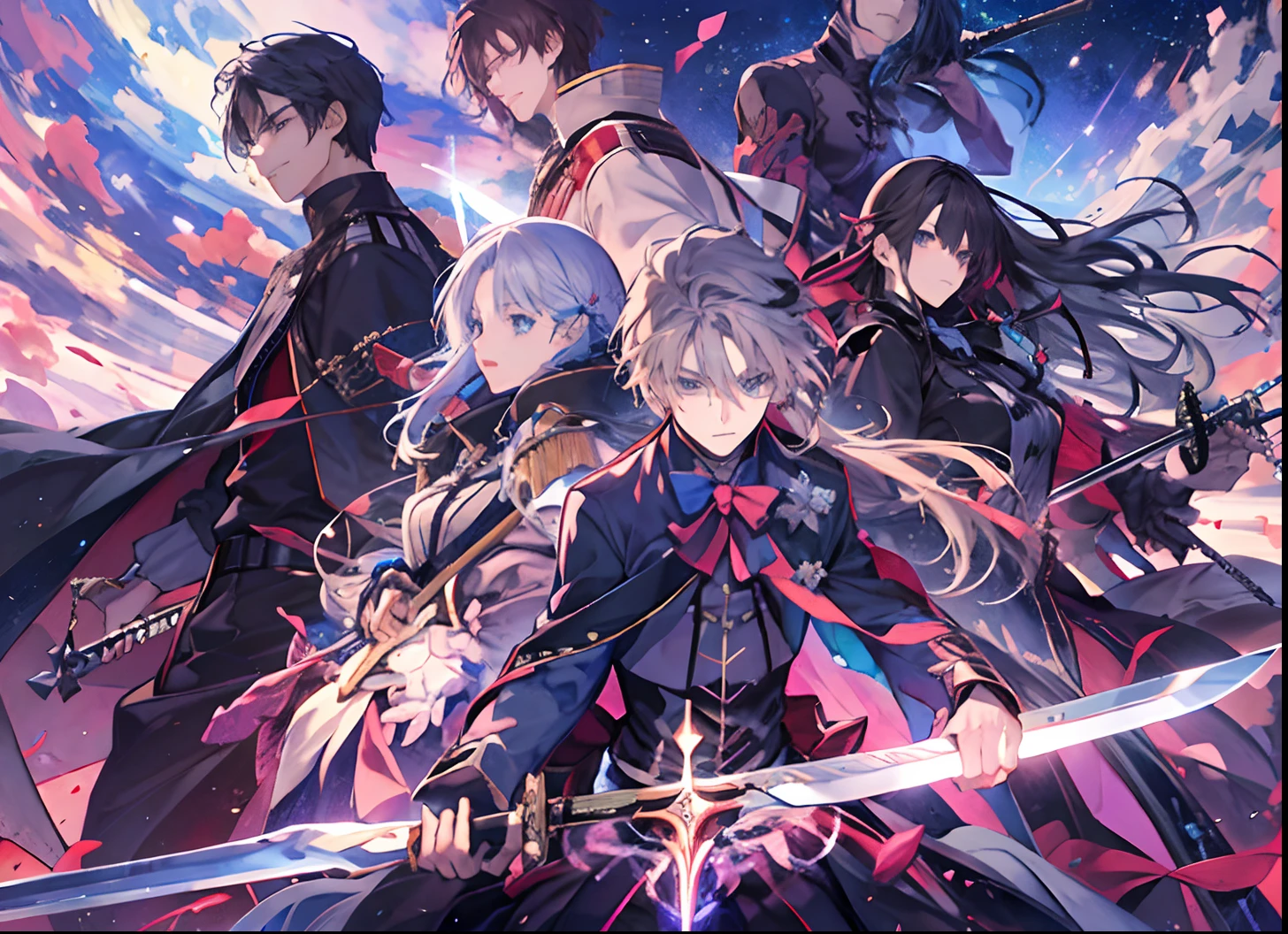 anime characters with swords in their hands in front of a starr sky, anime cover, dual wielding two magical swords, wlop and sakimichan, dramatic duel of the fates, detailed key anime art, anime style like fate/stay night, dual swords, sirius a and sirius b, 1 girl, 1 boy