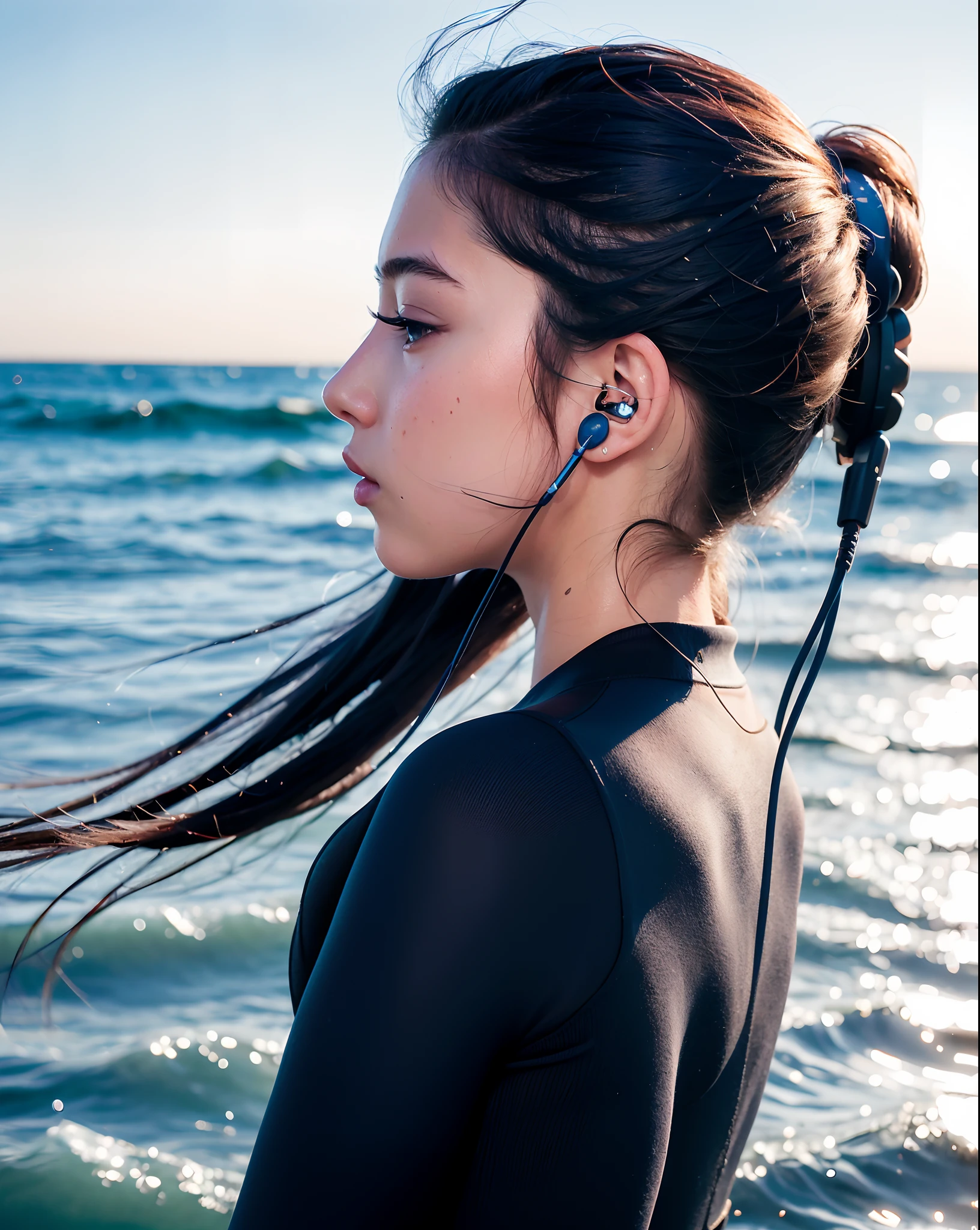 European and American woman standing on surfboard and headphones on the beach, floating headsets, side profile in underwater, with headphone, side - view, the sideview, Wearing a headset, Wearing earphones, Wearing headphones, chillwave, Near the beach, Girl wearing headphones, with headphone, ((Waves, profile shot, sleek waterproof design, sleek cool waterproof design