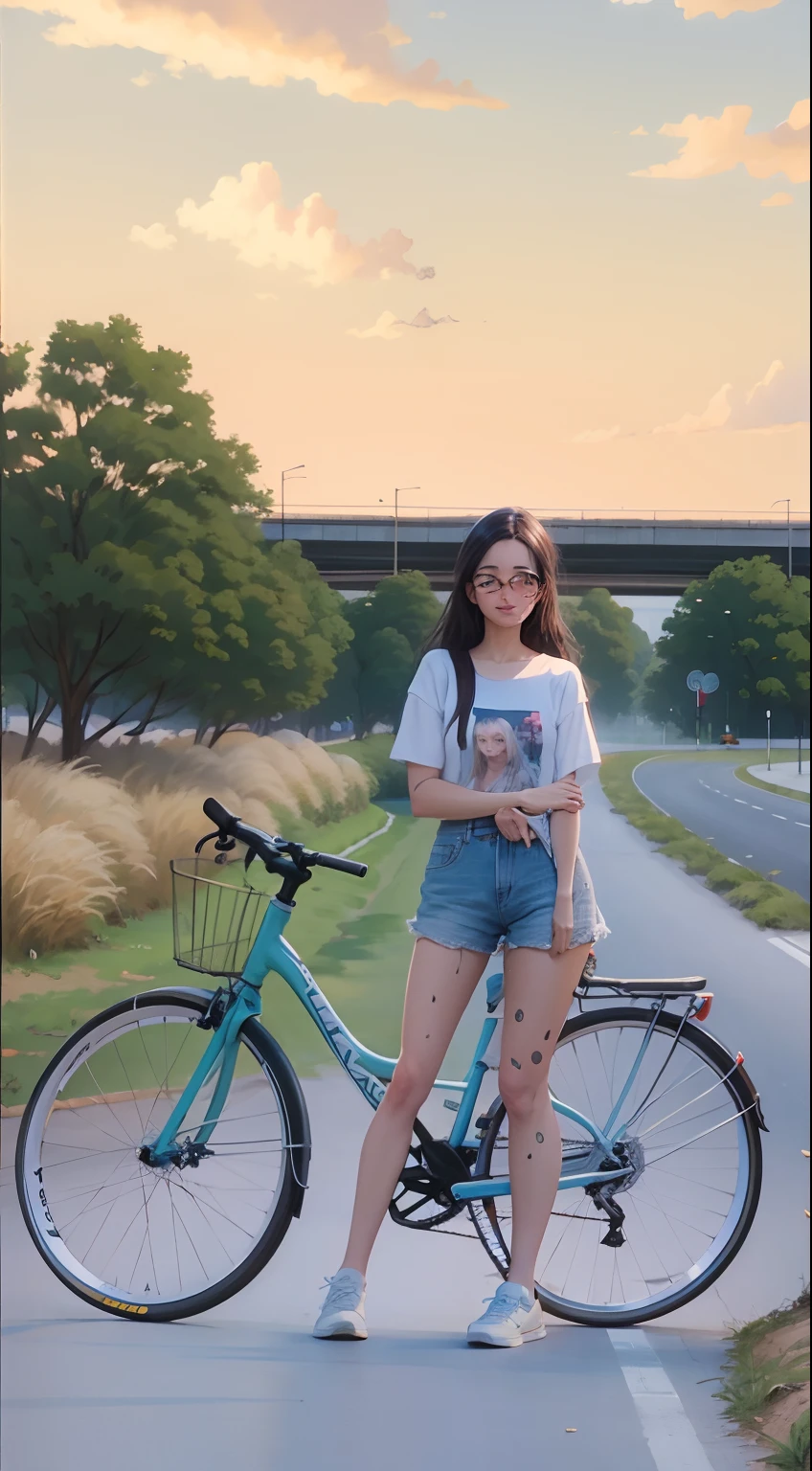 Pintura de una mujer parada junto a una bicicleta en una carretera, Obras de arte al estilo de Guweiz, Pintado en Anime Painter Studio, Alabanza Artstyle, realismo artstyle, Hecho con Anime Painter Studio, Paisaje de Ilya Kuvshinov, Bicicleta en el fondo, Chica Lofi, Retrato de Lofi, realistic artistic style, Estilo anime mezclado con Fujifilm