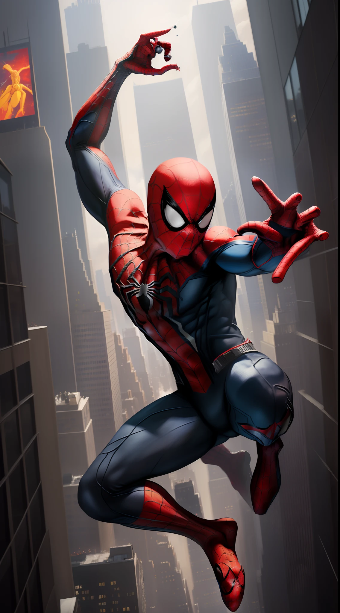 Create an image of Spider-Man swinging through the skyscrapers of New York City using his web-shooters.