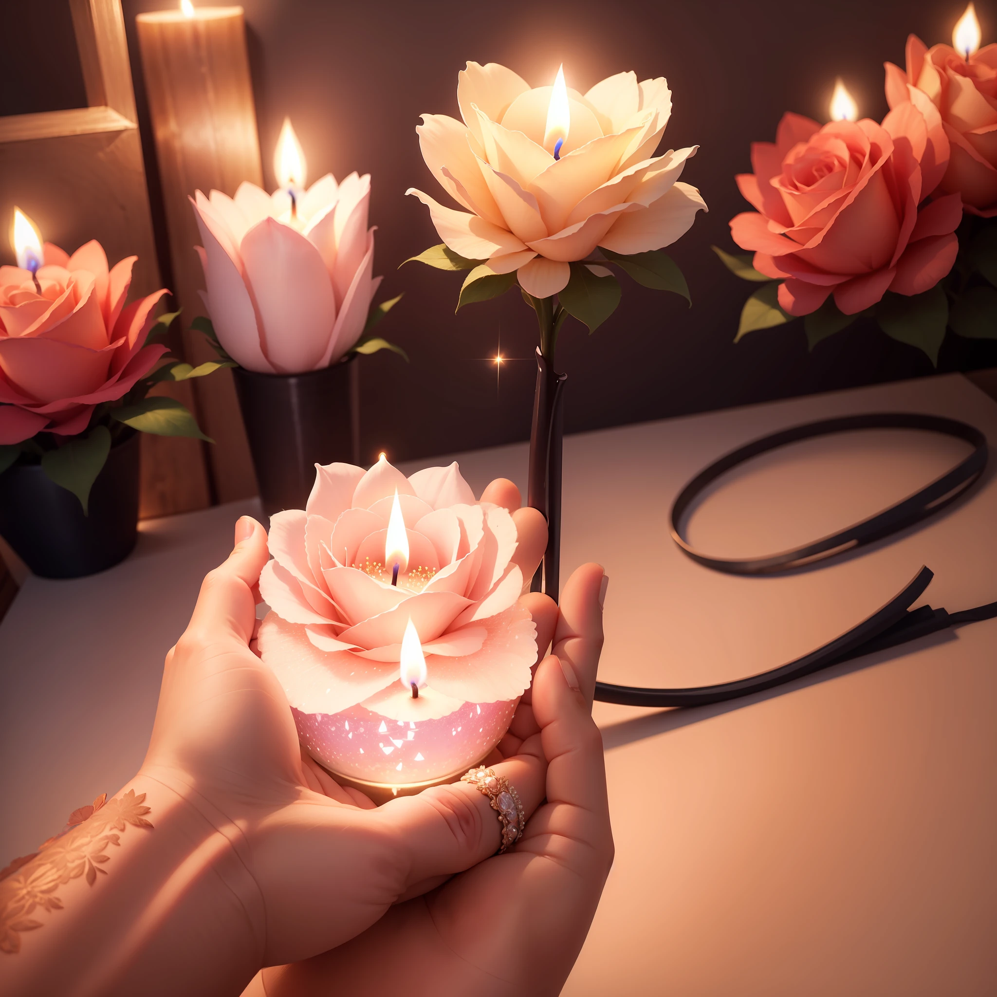 Photo of realistic hand holding flower candle, Vela rosa, vela com glitter, vela com chama iluminada, super realista, Hiper realista, 8k.